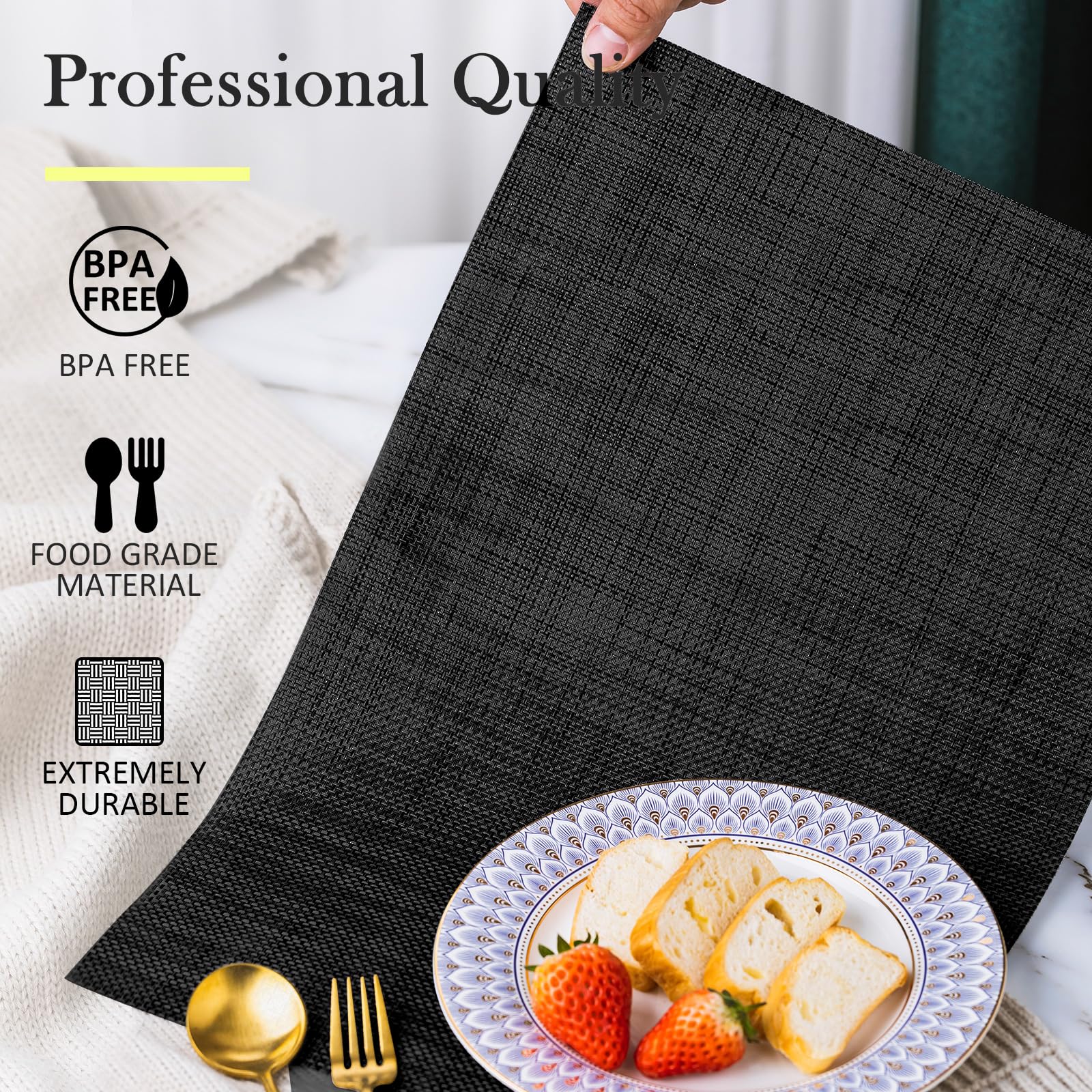 Washable Vinyl Placemats Set of 4 - PVC Woven Table Mats for Indoor & Outdoor Dining (Black) | Perfect for Kitchen, Patio, Picnic & Restaurant Use