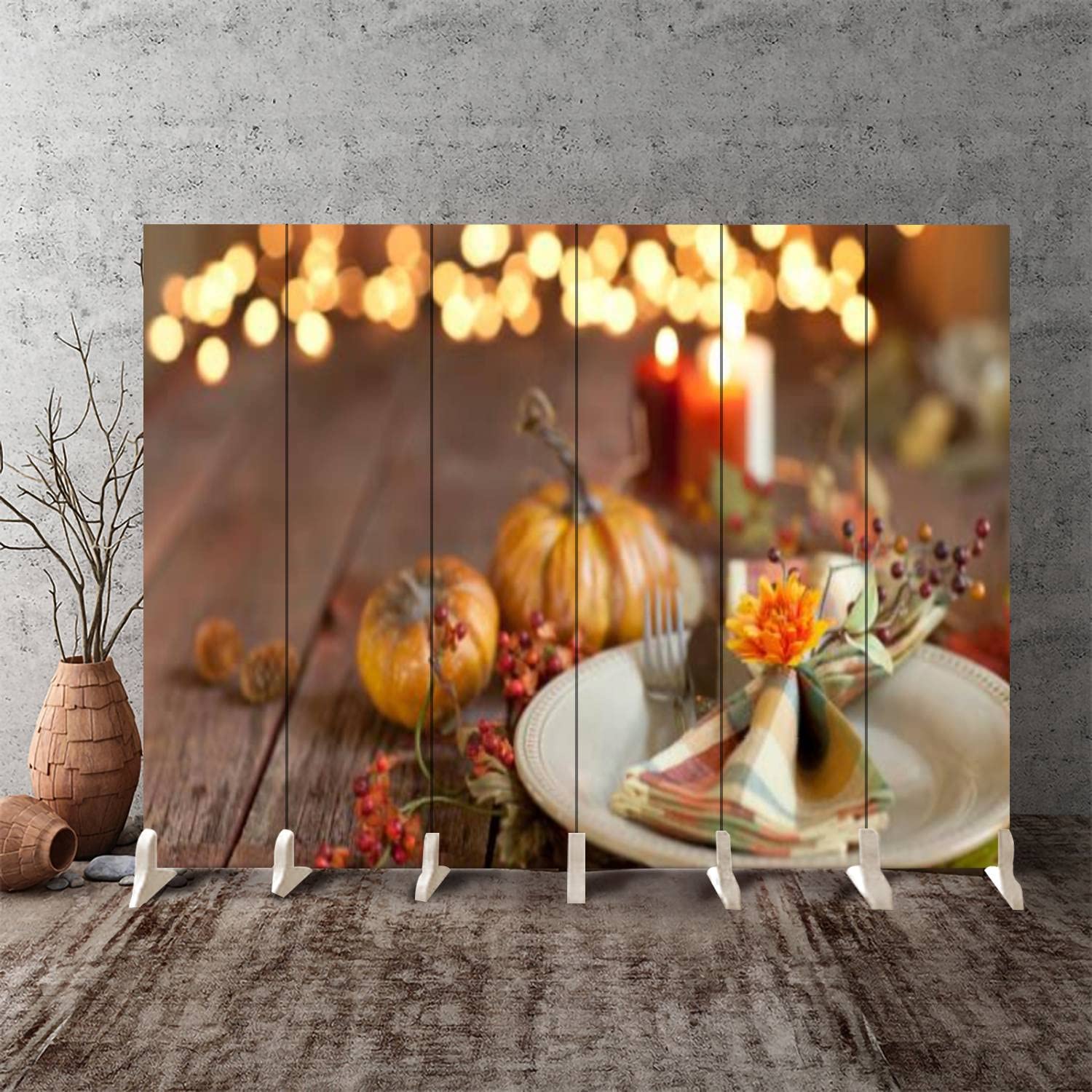 6 Panel Rustic Wood Folding Room Divider Screen - Autumn Thanksgiving Dining Table Decor, Privacy Partition for Home & Office - Perfect for Room Separation, Event Backdrops, and Cozy Interior Design