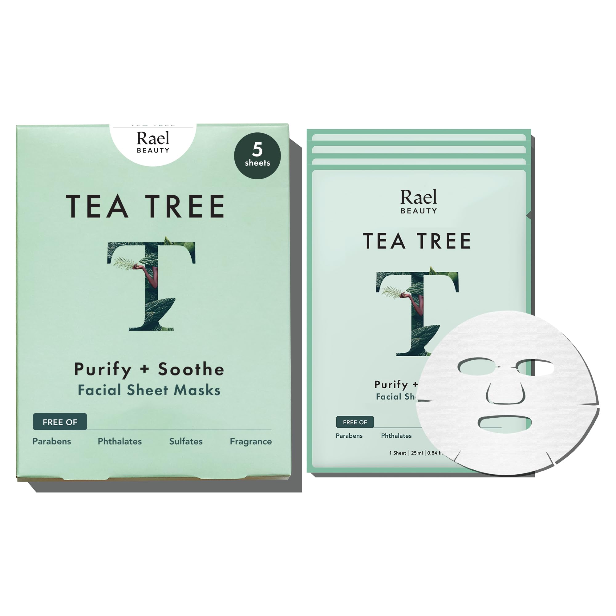 Rael Tea Tree Face Mask - Korean Bamboo Sheet Mask with Tea Tree Oil & Fruit Extracts for All Skin Types (5 Sheets) | Deep Cleansing, Acne Treatment & Skin Hydration | Perfect for Daily Skincare & Spa Nights