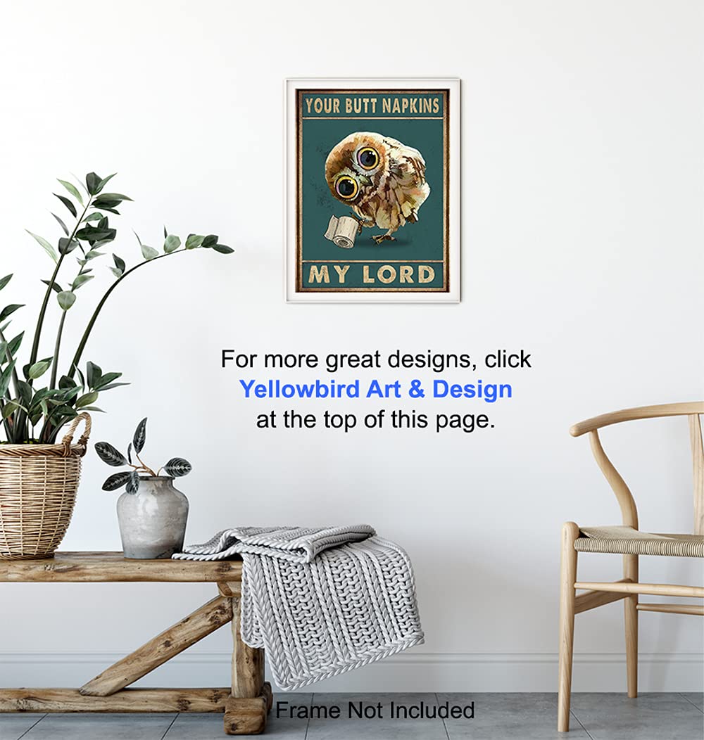 Funny Owl Wall Decor & Butt Napkins - Unique Bathroom Wall Art for Powder Room & Guest Bath - Cute Restroom Sign & Decor for Women - Perfect for Home, Office, or Gift