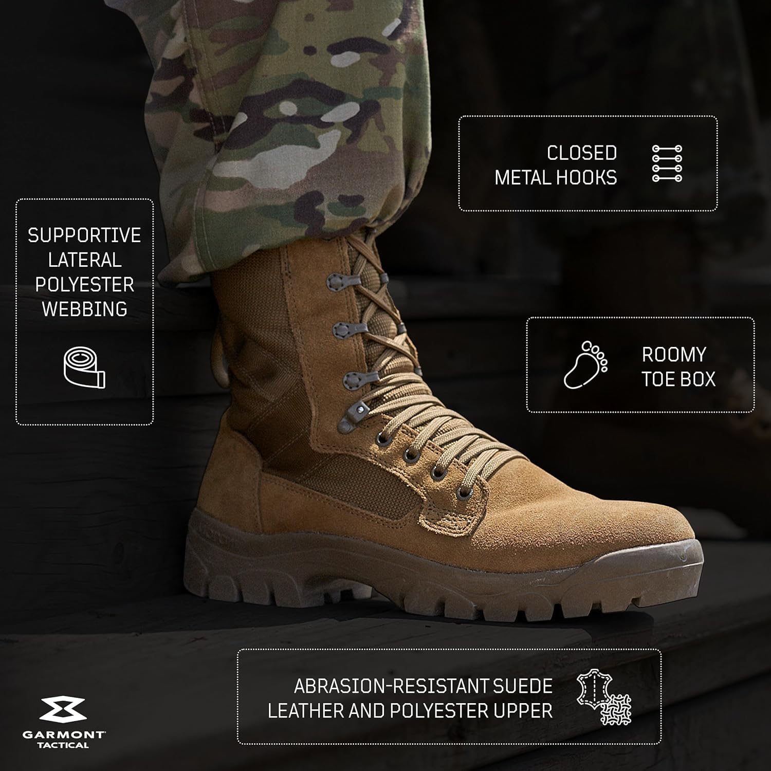 GARMONT TACTICAL T8 Bifida Military Combat Boots for Men & Women - AR670-1 Compliant Army Air Force Boots - Suede Leather Multi-Terrain Coyote Shoes (Size 8.5 Wide) - Perfect for Hiking, Field Training & Outdoor Adventures