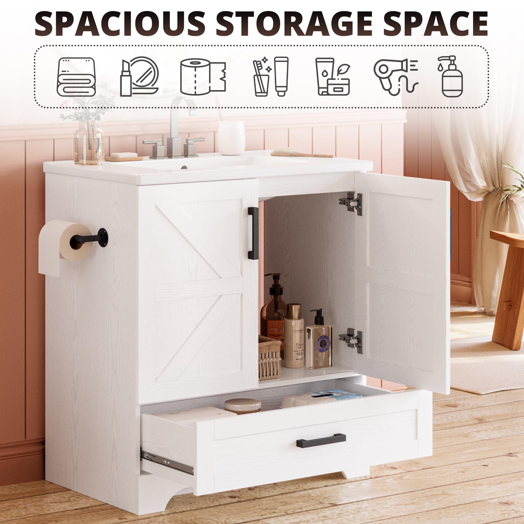 IRONCK 30 Inch Farmhouse Bathroom Vanity with Sink & Drawer - Easy to Assemble Bathroom Sink Cabinet for Modern Farmhouse, Rustic or Traditional Bathroom Decor | Perfect for Master Bath, Guest Bath or Powder Room