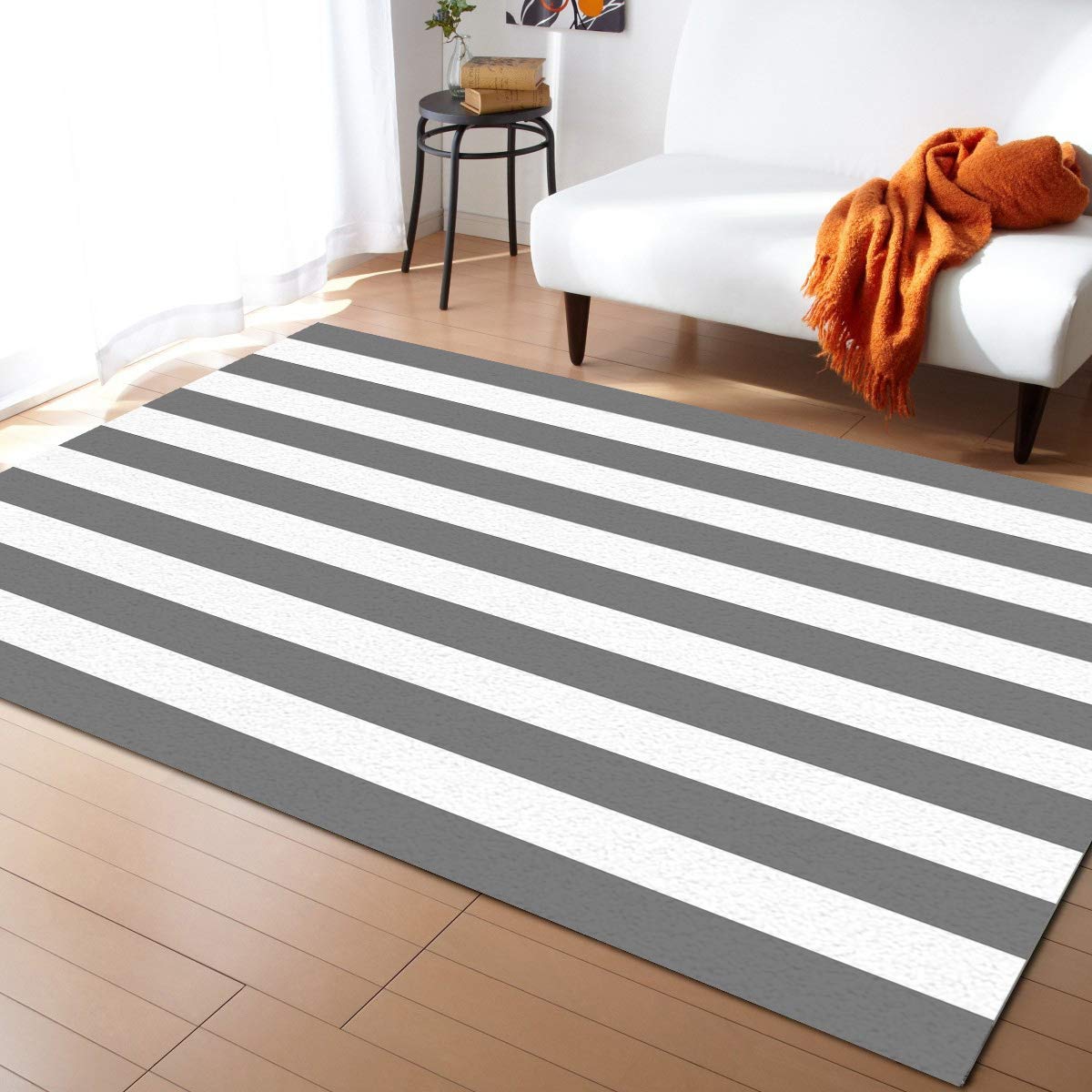 Non-Slip Striped Area Rug 2' x 3' - Waterproof Indoor Floor Mat, Anti-Fatigue Comfort Carpet in Gray & White | Perfect for Living Room, Bedroom, Office & Entryway
