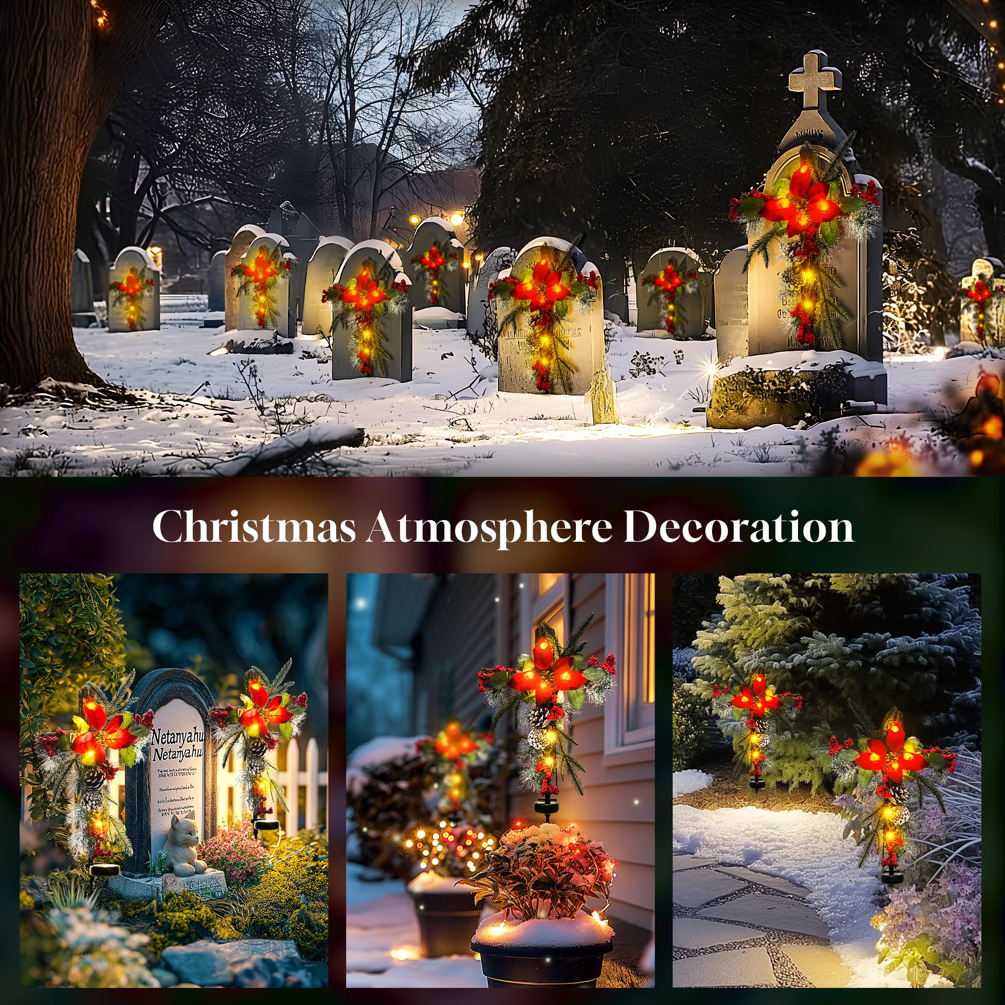 Outdoor Solar Christmas Decorations - Set of 2 Waterproof Cross Stake Lights with Faux Pine Cones & Flowers for Cemetery Grave Memorial - Perfect for Garden, Yard, Lawn & Holiday Decor