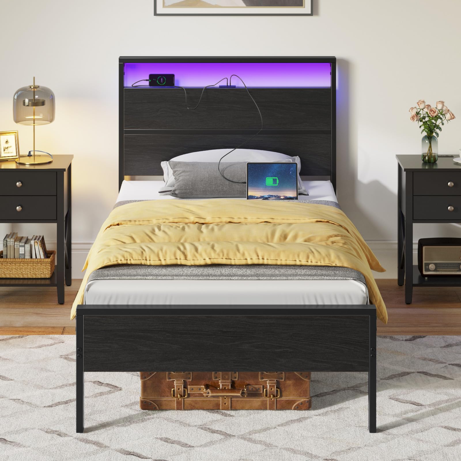 Rolanstar Twin Metal Platform Bed Frame with LED Headboard & USB Charging Station - Sturdy Steel Slats, 10.2