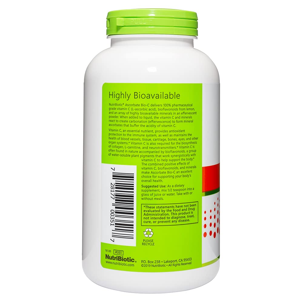 NutriBiotic Ascorbate Bio-C Effervescent Vitamin C Powder with Lemon Bioflavonoids - 16 Oz | Calcium, Magnesium, Zinc & Selenium Mineral Complex | Vegan Antioxidant for Immune & Collagen Support | Great for Daily Wellness & Post-Workout Recovery