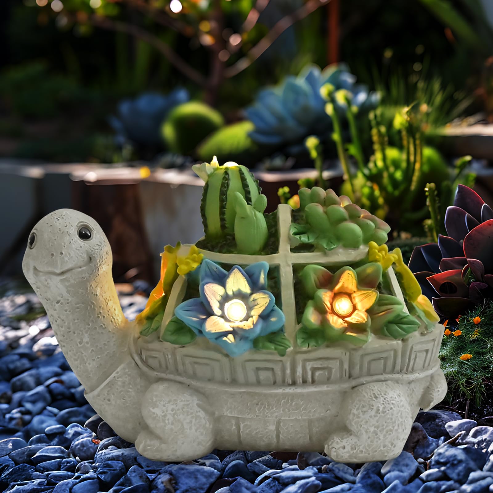 Solar Turtle Garden Statue with Succulent Planter & 6 LED Lights - Handcrafted Resin Outdoor Decor for Lawn, Patio, Yard - Unique Mother's Day, Christmas Gift for Garden Lovers - Perfect for Backyard, Porch, and Landscape Decoration