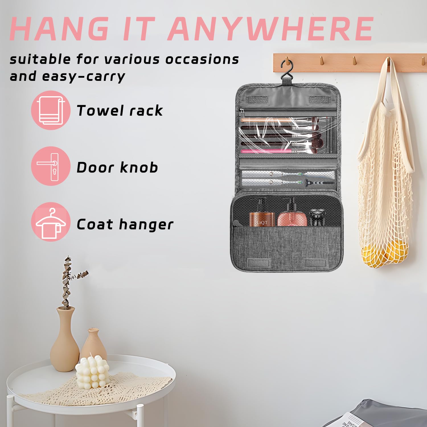 Waterproof Hanging Toiletry Bag for Travel - Portable Multifunctional Makeup & Cosmetic Organizer with Hook for Women & Men (Grey) - Perfect for Camping, Gym, Business Trips & Vacation Essentials