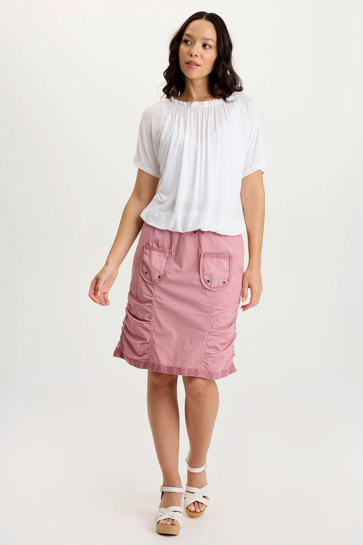 Tozie Poplin Ruched Panel Drawstring Mini Skirt for Women - Stylish High Waist Summer Skirt with Side Slits - Perfect for Beach, Party, and Casual Outfits