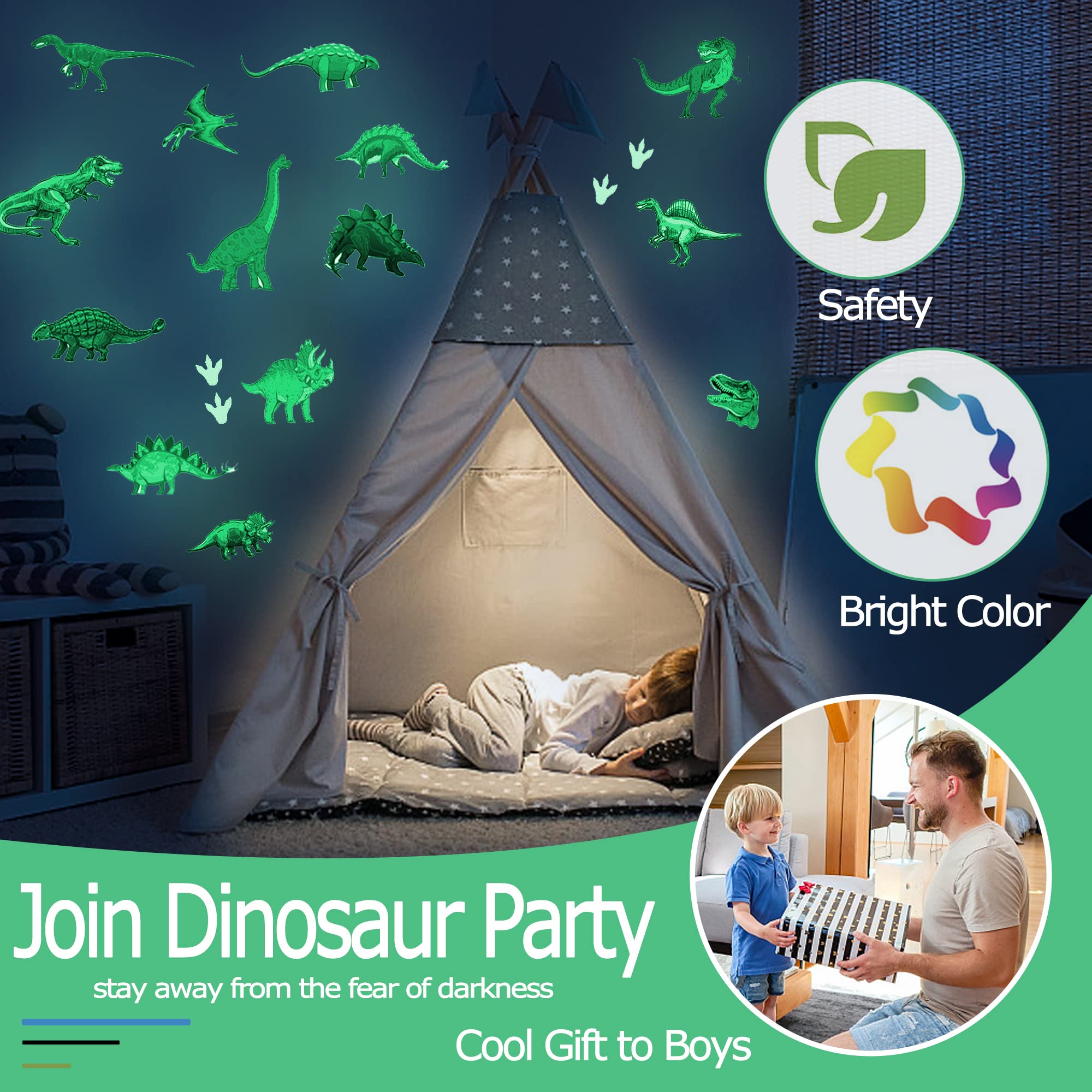 Glow in The Dark Dinosaur Wall Decals - Self-Adhesive Removable Glowing Dinosaur Stickers for Kids Room, Nursery & Ceiling Decor - Perfect for Boys, Girls Bedroom & Baby Gifts - Fun Nighttime Glow Decor for Playrooms & Themed Parties