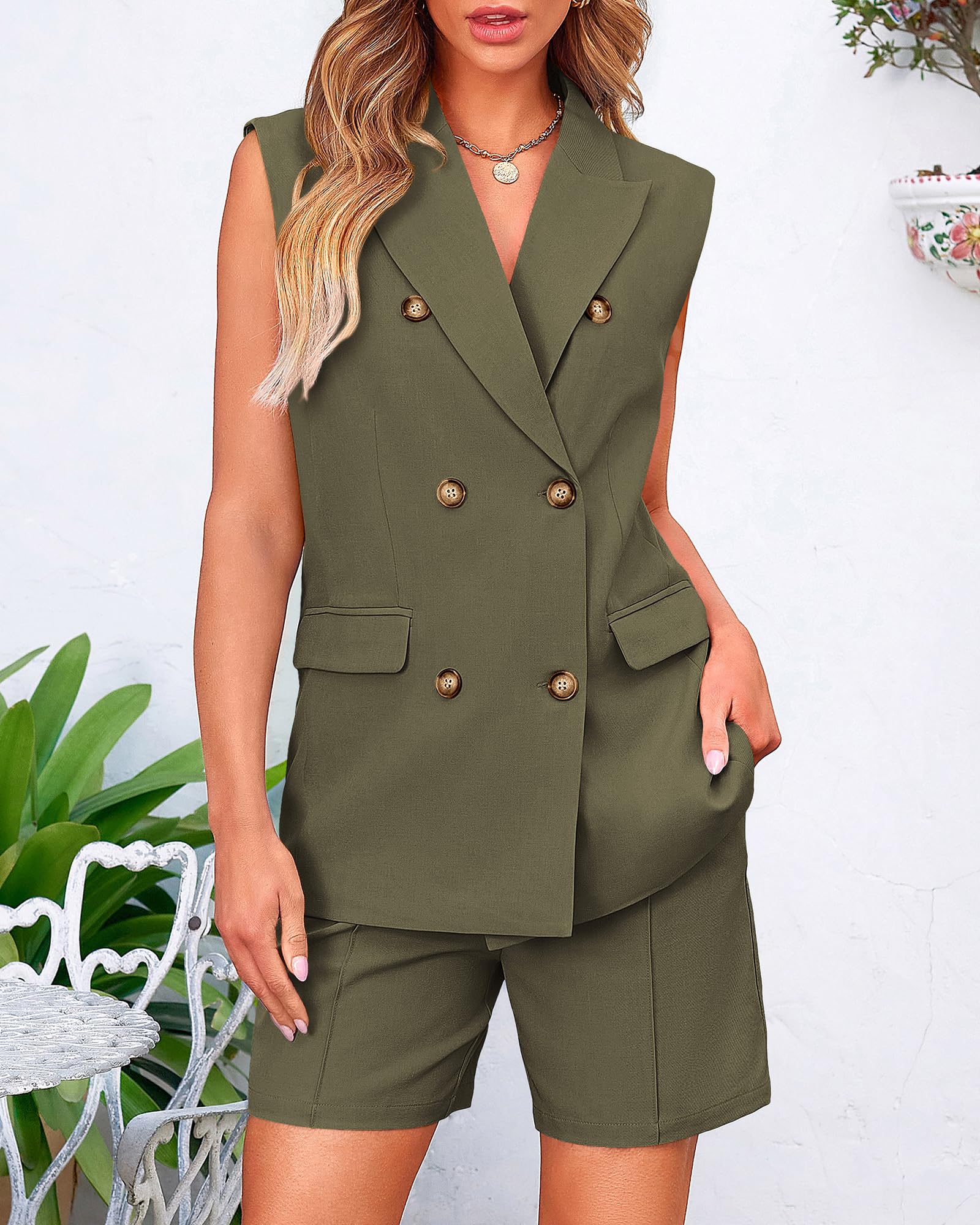 BTFBM Women's 2-Piece Blazer Vest & Shorts Set - Lapel Neck Sleeveless Button Down Office Wear for Summer | Casual Lounge Matching Outfit for Work, Travel & Date Night