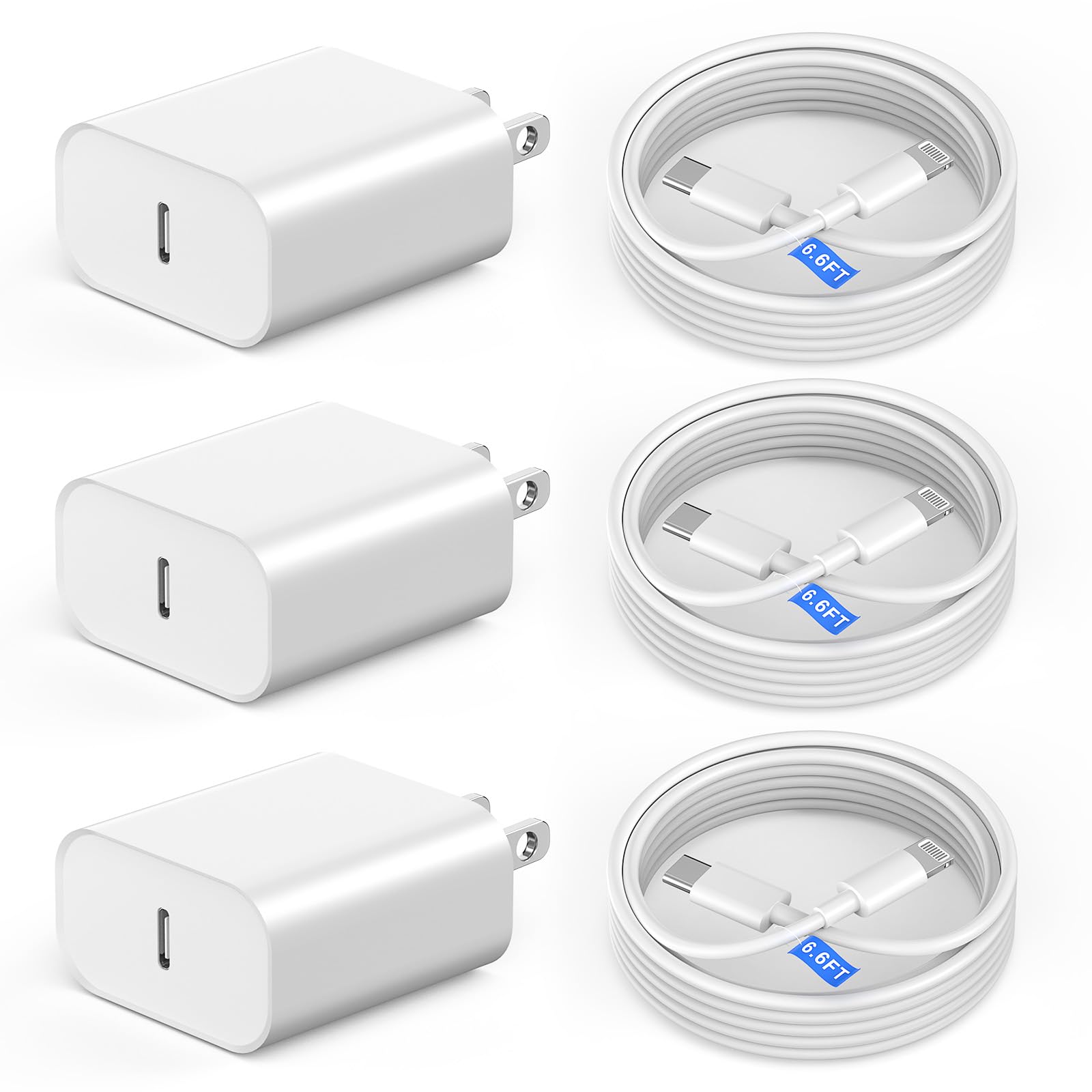 Apple MFi Certified 20W Fast Charger 3-Pack with 6.6FT Type-C to Lightning Cable - Compatible with iPhone 14/13/12/11/XS/XR/X/8 - Quick Charging & Data Sync - Perfect for Home, Office & Travel
