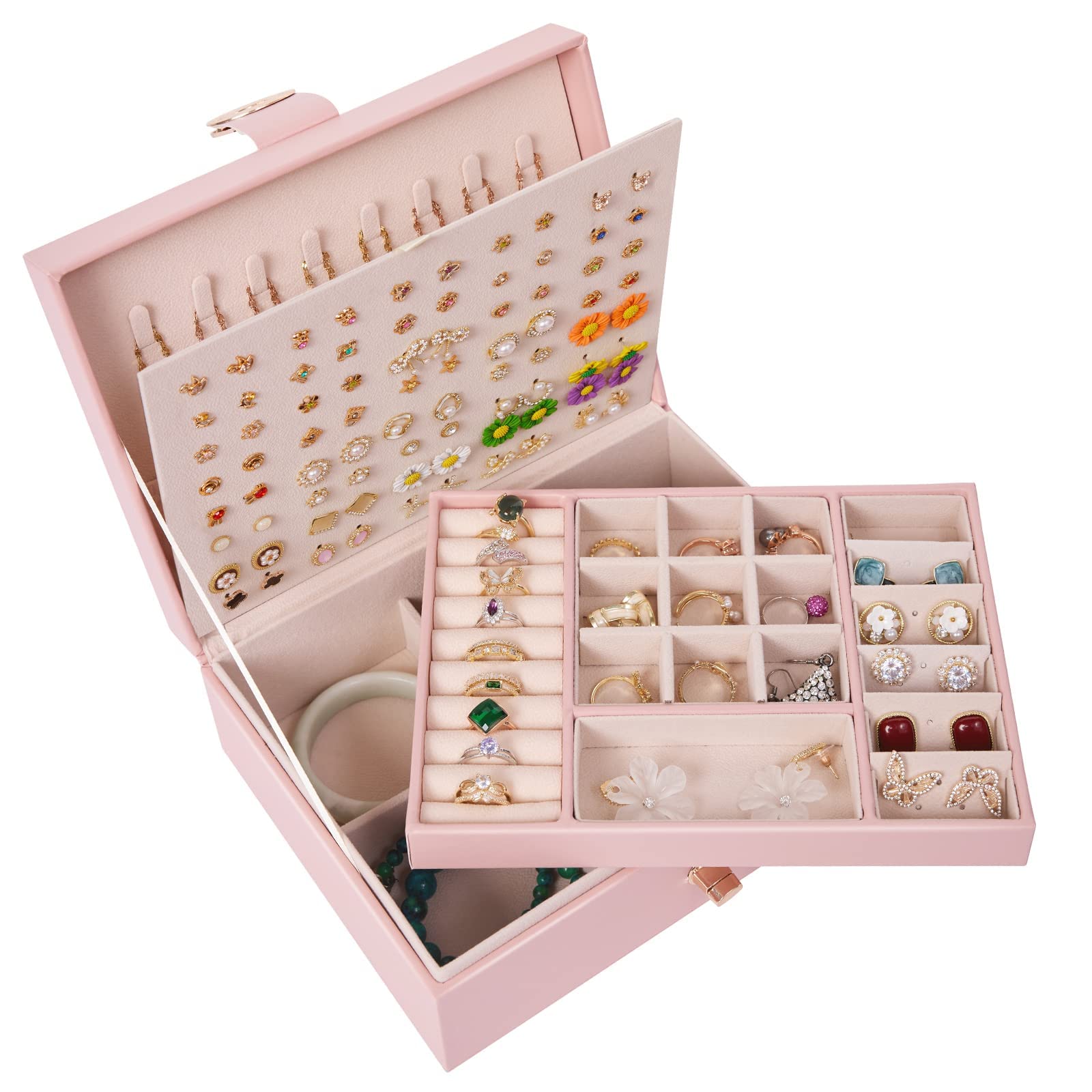 Elegant Pink PU Leather Jewelry Box Organizer for Women - Perfect for Earrings, Rings & Necklaces - Ideal Birthday & New Year Gift for Her - Great for Travel, Home Storage & Gift Giving