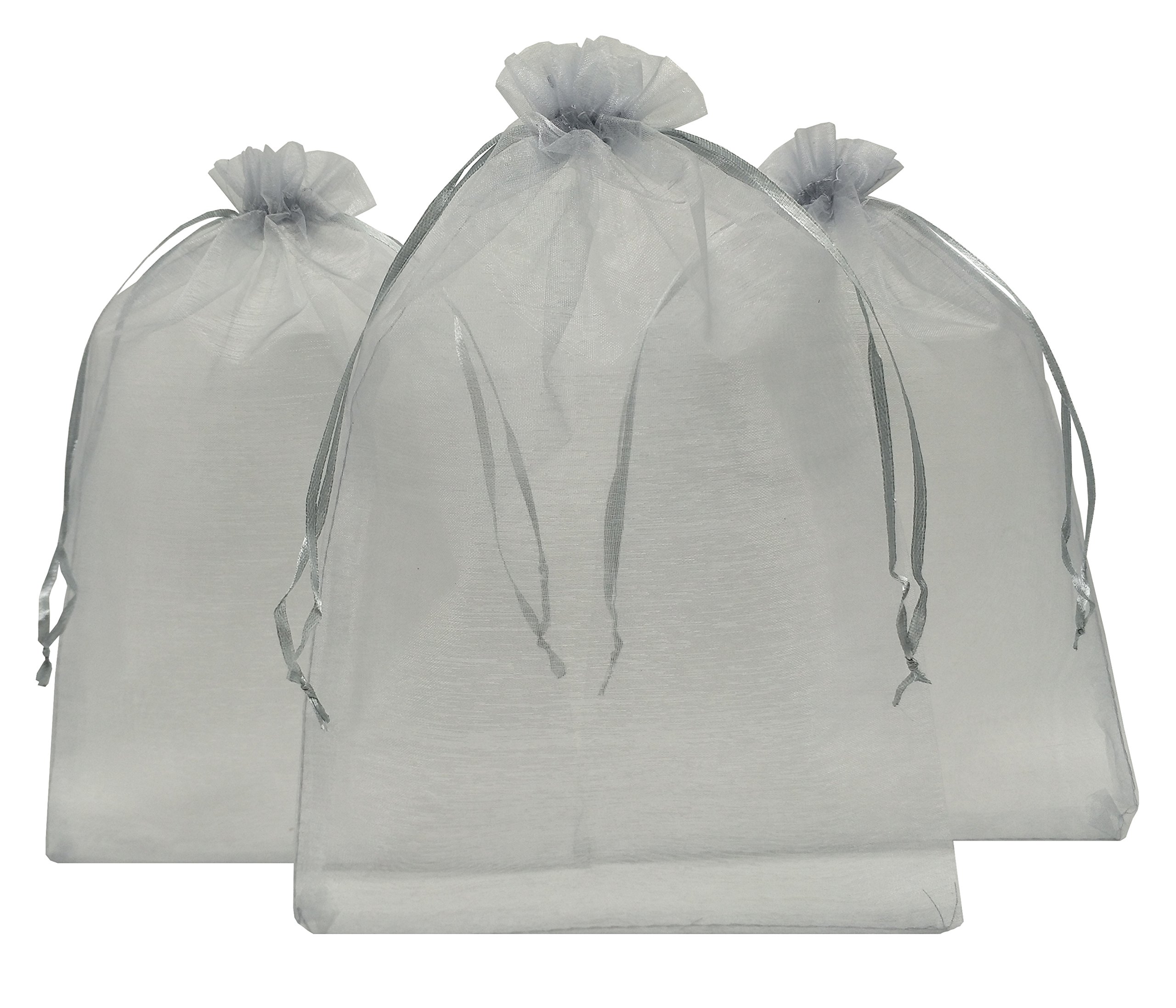 50pcs Sheer Organza Favor Bags 12x16 Inches - Large Silver Grey Drawstring Gift Bags for Wedding Favors, Party Decorations & Jewelry Packaging