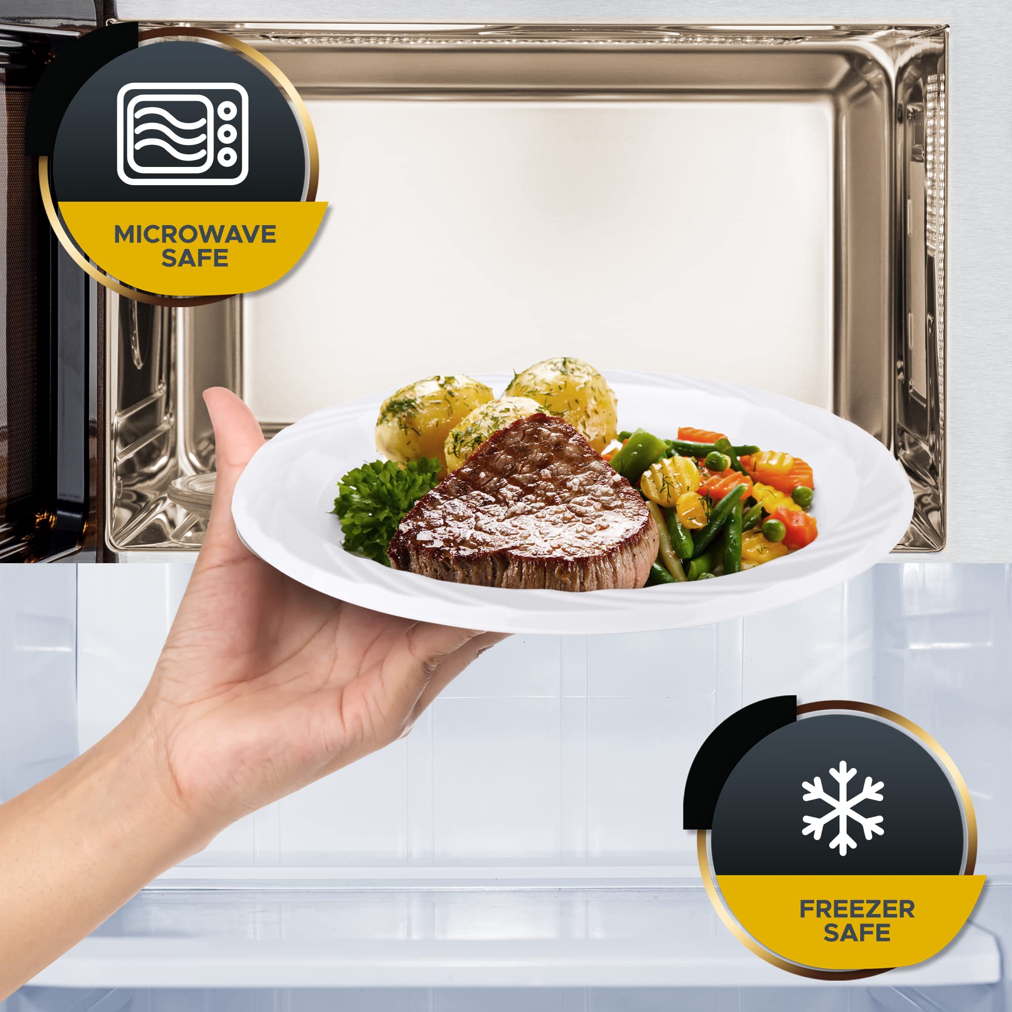 PAMI 10 Inch Disposable Plastic Plates [80 Pack] - Heavy Duty White Party Plates for Dinner, Desserts & Appetizers - Microwave Safe Bulk Disposable Dinnerware for Weddings, BBQs, Picnics & Family Gatherings - Elegant Plastic Tableware Set