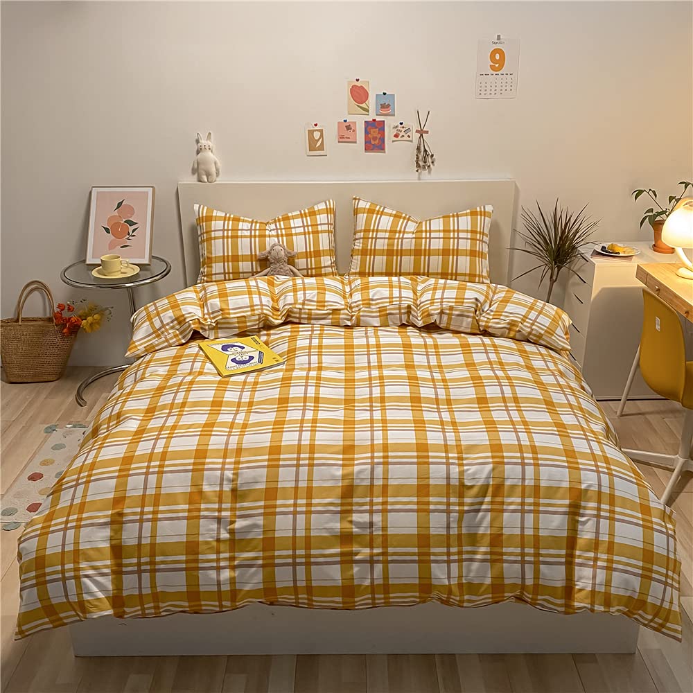 Premium Yellow Queen Size Duvet Cover Set - 100% Cotton Geometric Grid Plaid Bedding - Ultra Soft Hotel Quality Duvet Cover for Teens, Kids, Boys & Girls (Includes Hidden Zipper Closure) - Perfect for Bedrooms, Dorm Rooms, Guest Rooms and Vacation Homes