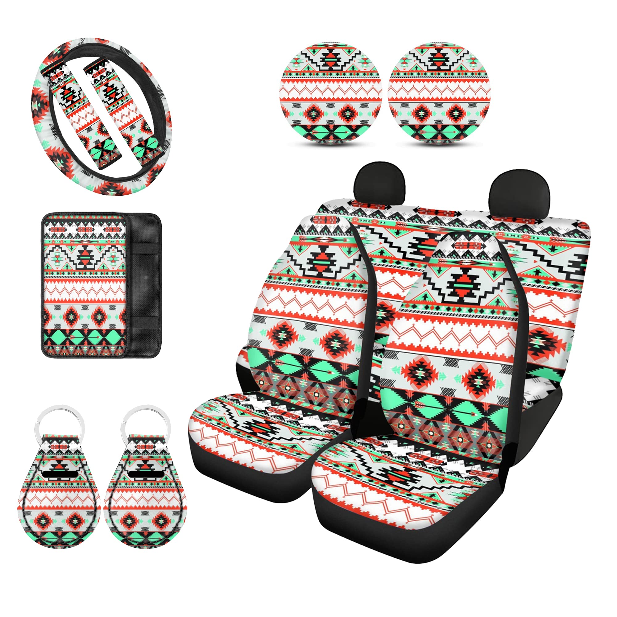 PZZ BEACH Aztec Southwest Style Car Seat Covers Full Set with Steering Wheel Cover, Seatbelt Pads & 12-Piece Accessories - Perfect for SUVs, Trucks & Road Trips