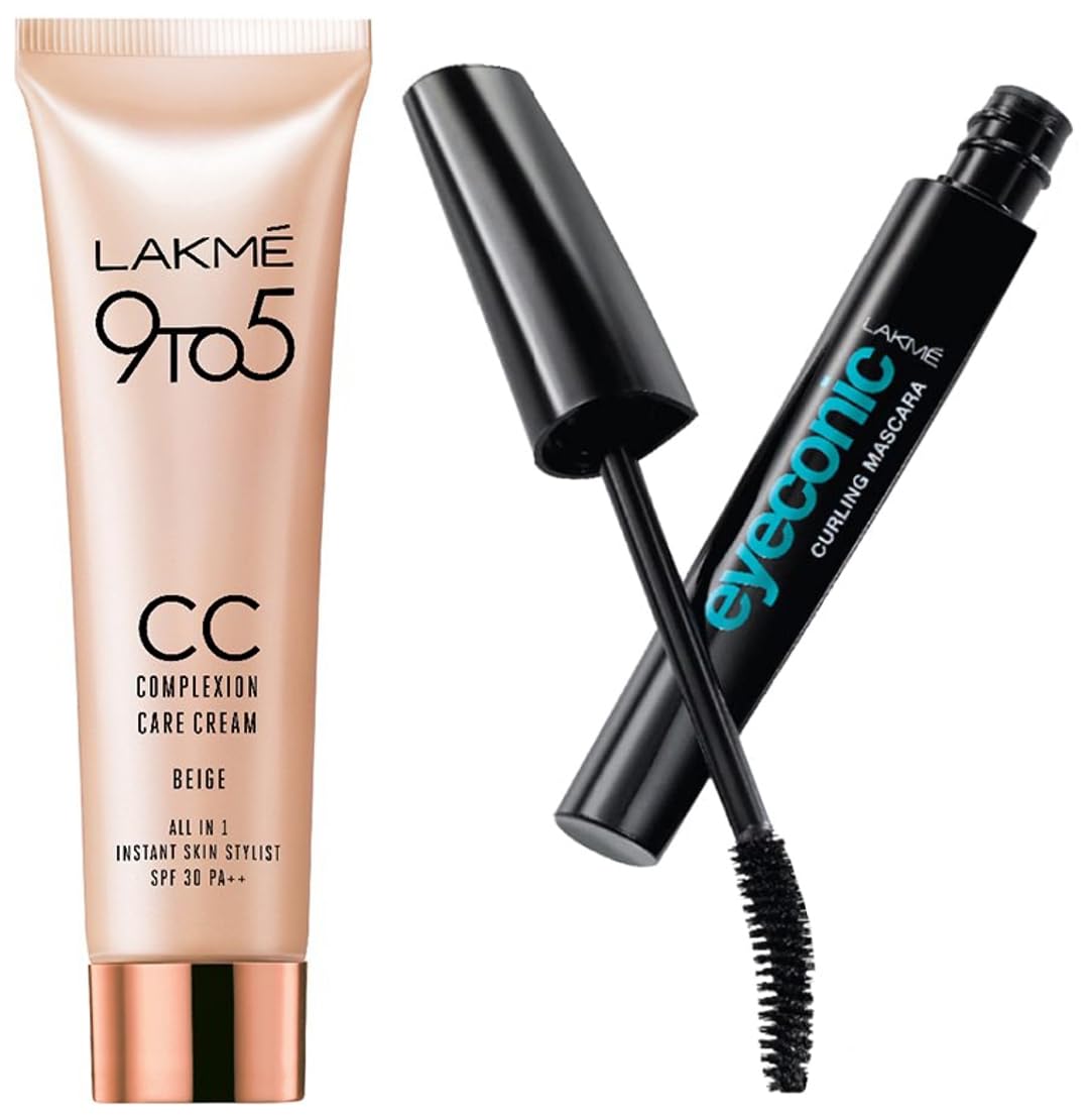 Lakme Eyeconic Curling Mascara Black 9ml & Lakme 9 to 5 CC Cream Mini 01-9g | Volumizing Mascara & Lightweight CC Cream for Everyday Makeup | Perfect for Office, Date Night & Special Occasions