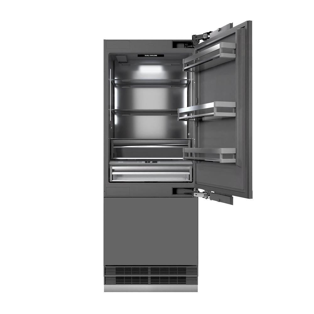 ZLINE Autograph Edition 30 Inch Built-In Bottom Freezer Refrigerator - 16.1 cu.ft Capacity, Panel Ready, Water Dispenser & Ice Maker, Graphite Gray Interior with Champagne Bronze Accents (GRBIVZ 30 CB) - Perfect for Modern Kitchens, Open Concept Homes & Luxury Appliances Integration