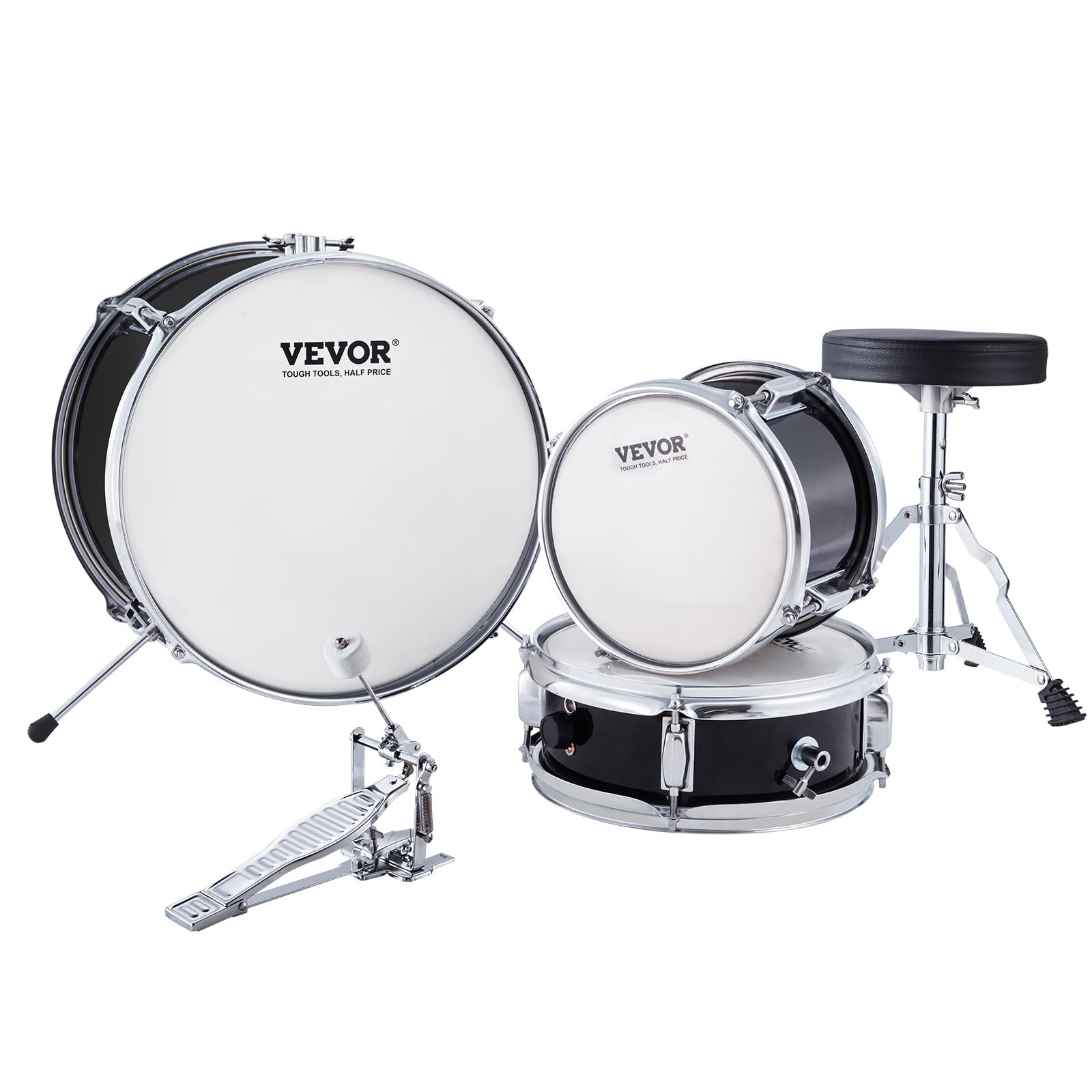 VEVOR Kids Drum Set 3-Piece Junior Beginner Drum Kit with Adjustable Throne, Sticks, Cymbal & Pedal - 14 Inch Black Tom Snare Bass Starter Drum Set for Children | Perfect for Home Practice, Music Lessons & Birthday Gifts