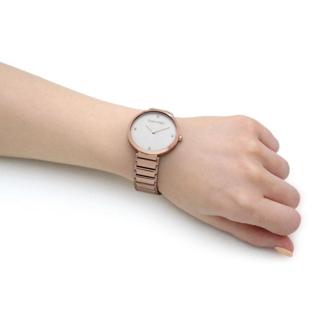 Calvin Klein Women's Minimalist White Dial Rose Gold Stainless Steel Watch 25200135 - Elegant Fashion Accessory for Office, Party & Everyday Wear