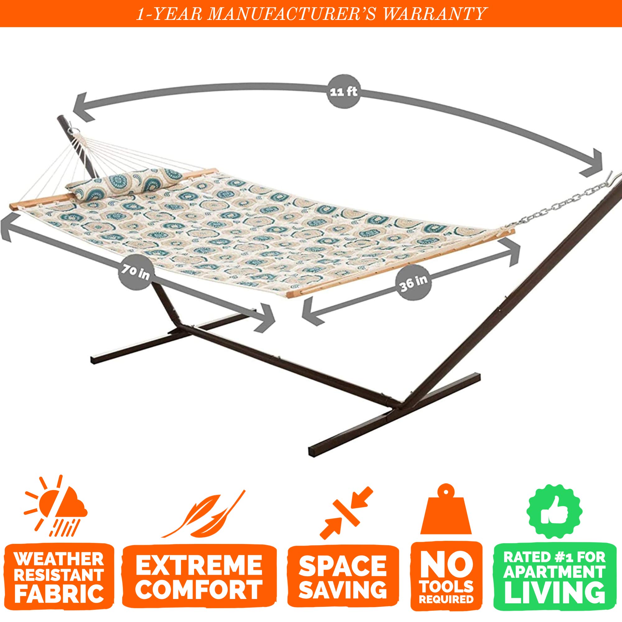 Space Saving Quilted Hammock with Stand & Pillow Set - Portable Outdoor Hammock for Patio, Backyard, Balcony, Camping - Compact Apartment Hammock Designed in USA - Medallion Pattern