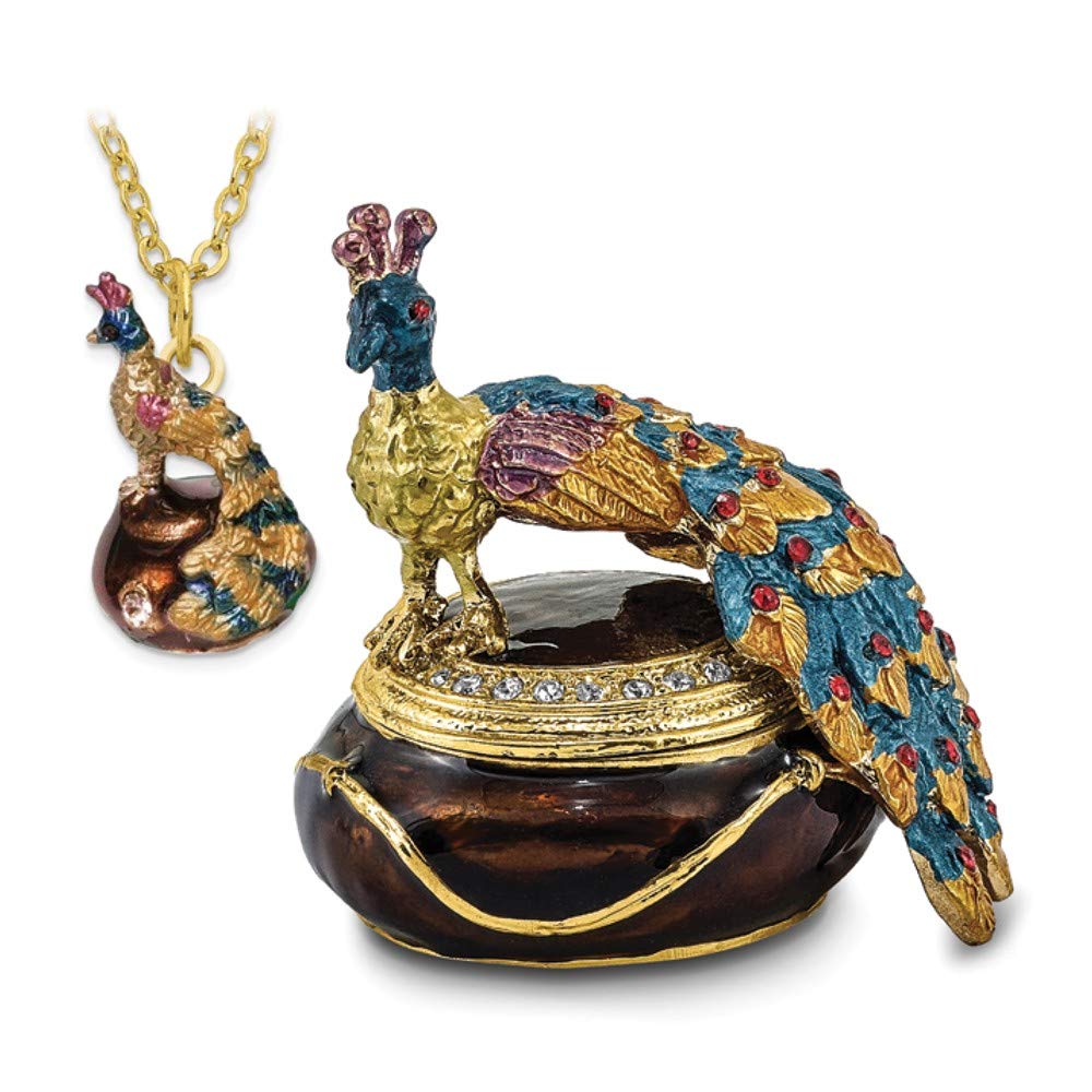 Luxury Bejeweled Peacock Trinket Box with Enamel & Matching Pendant Necklace - Elegant Pewter Collectible Gift for Women | Perfect for Jewelry Storage, Home Decor & Special Occasion Gifts