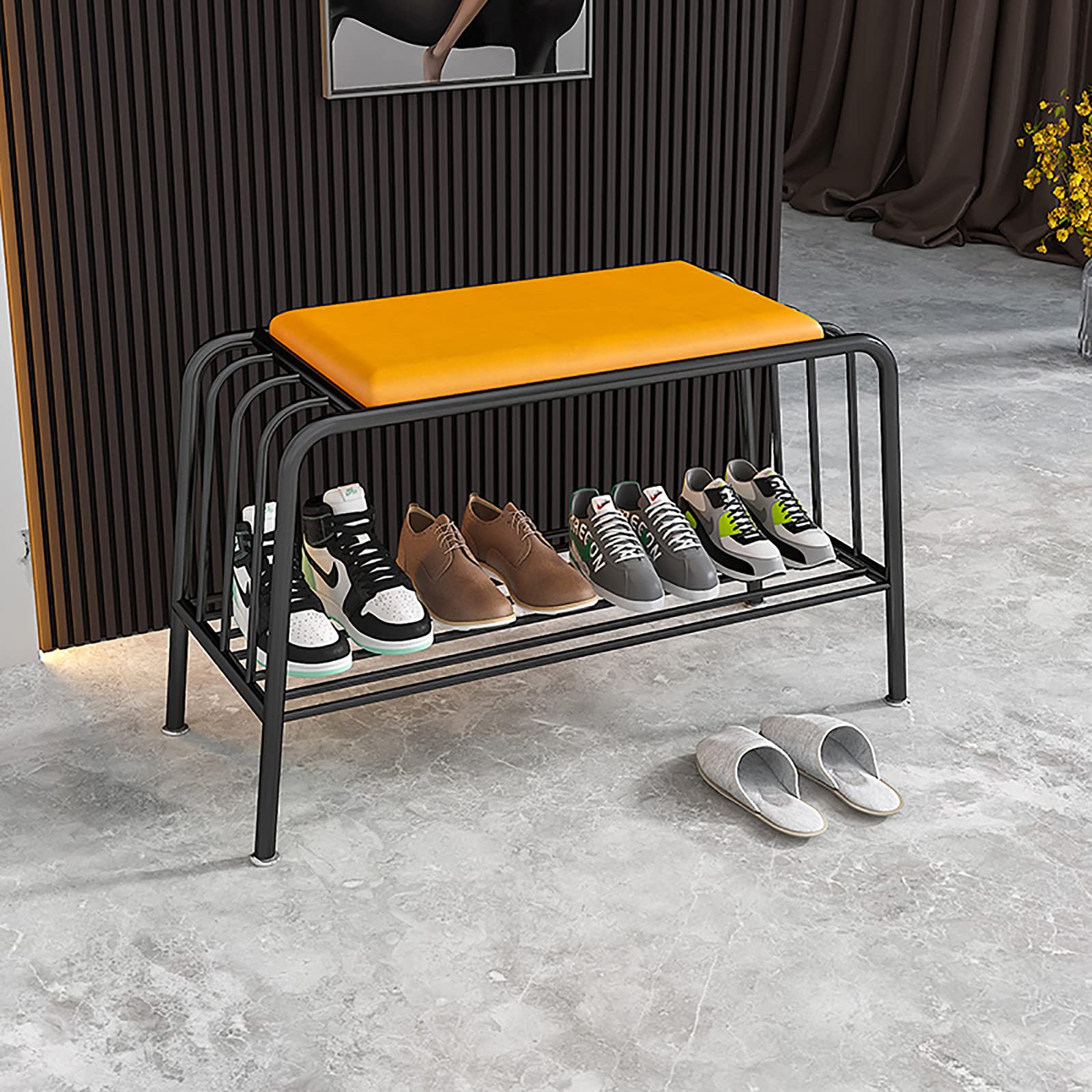 XIAOQIAO 1-Tier Metal Shoe Storage Bench with High Resilience Sponge Cushion - Entryway Shoe Organizer Stool for Hallway, Living Room, Bedroom | Perfect for Small Spaces & Home Décor