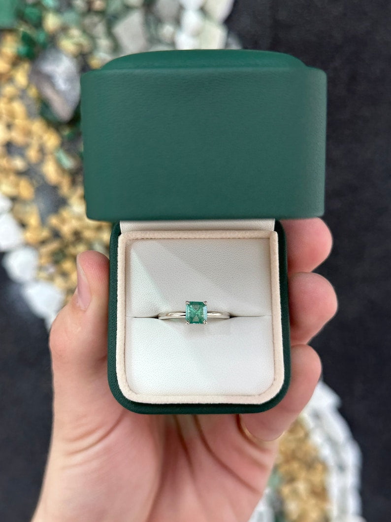 0.90 Carat Natural Spring Green Asscher Cut Emerald Solitaire Sterling Silver Ring for Women - Elegant Jewelry Gift for Engagement, Wedding & Special Occasions