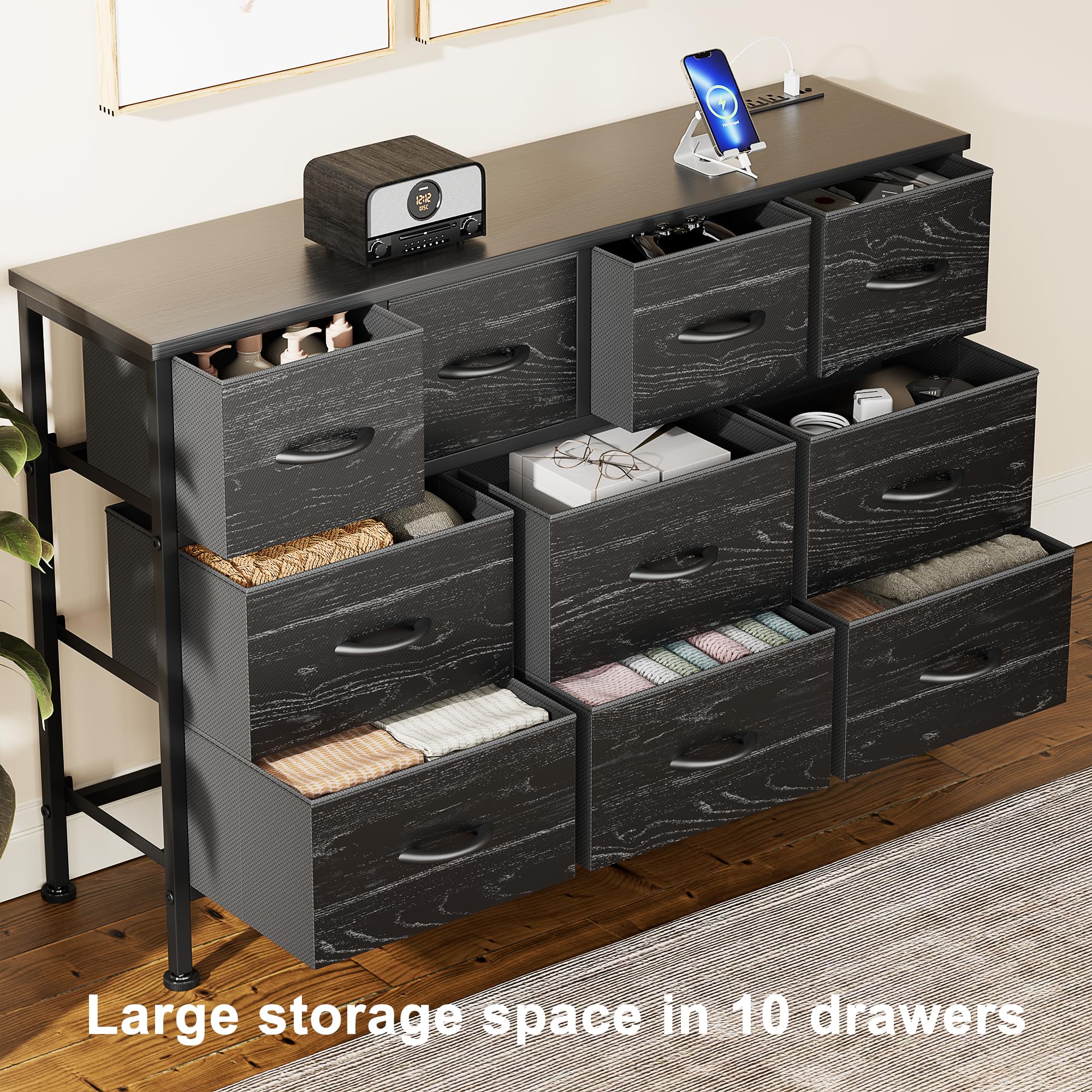 Lulive 10-Drawer Dresser with Power Outlet - Black Fabric TV Stand & Entertainment Center for 55 Inch TVs - Perfect for Bedroom, Living Room, Hallway & Closet Storage Organization
