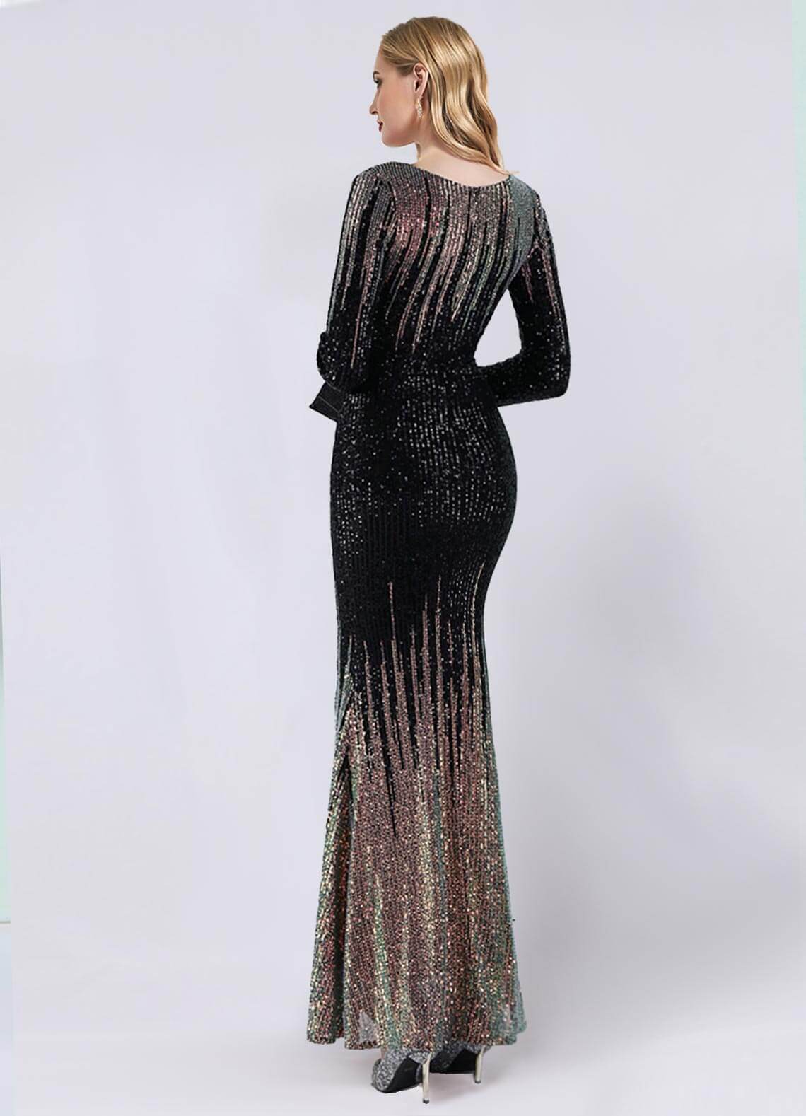 Elegant Black Sequin Long Sleeve V-Neck Floor Length Formal Evening Gown for Women - Perfect for Prom, Gala, Wedding & Special Occasions