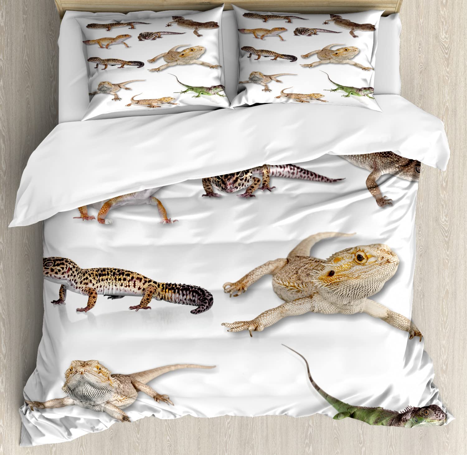 Ambesonne Reptile Duvet Cover Set - Colorful Leopard Gecko Family & Prehistoric Wildlife Print Bedding | 2 Duvet Covers + 4 Pillowcases | 2-Pack California King Size in Beige & White | Perfect for Reptile Lovers' Bedrooms, Wildlife Themed Decor & Unique Gift Ideas