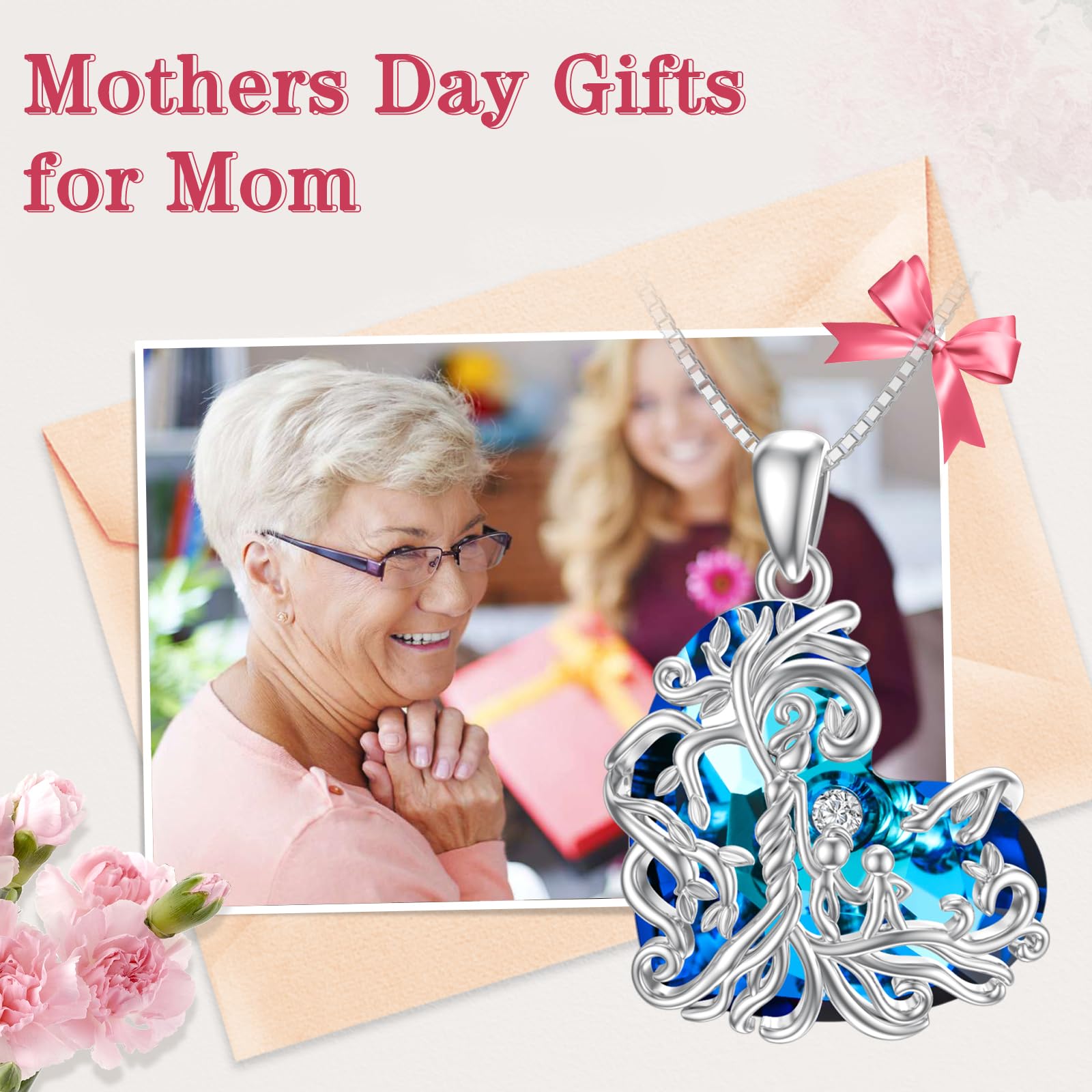 TOUPOP 925 Sterling Silver Family Tree of Life Necklace - Mother & 1-5 Children Crystal Pendant Jewelry | Thoughtful Birthday, Mother's Day Gift for Women, Mom, Grandma | Perfect for Family Reunions, Special Occasions & Heartfelt Moments