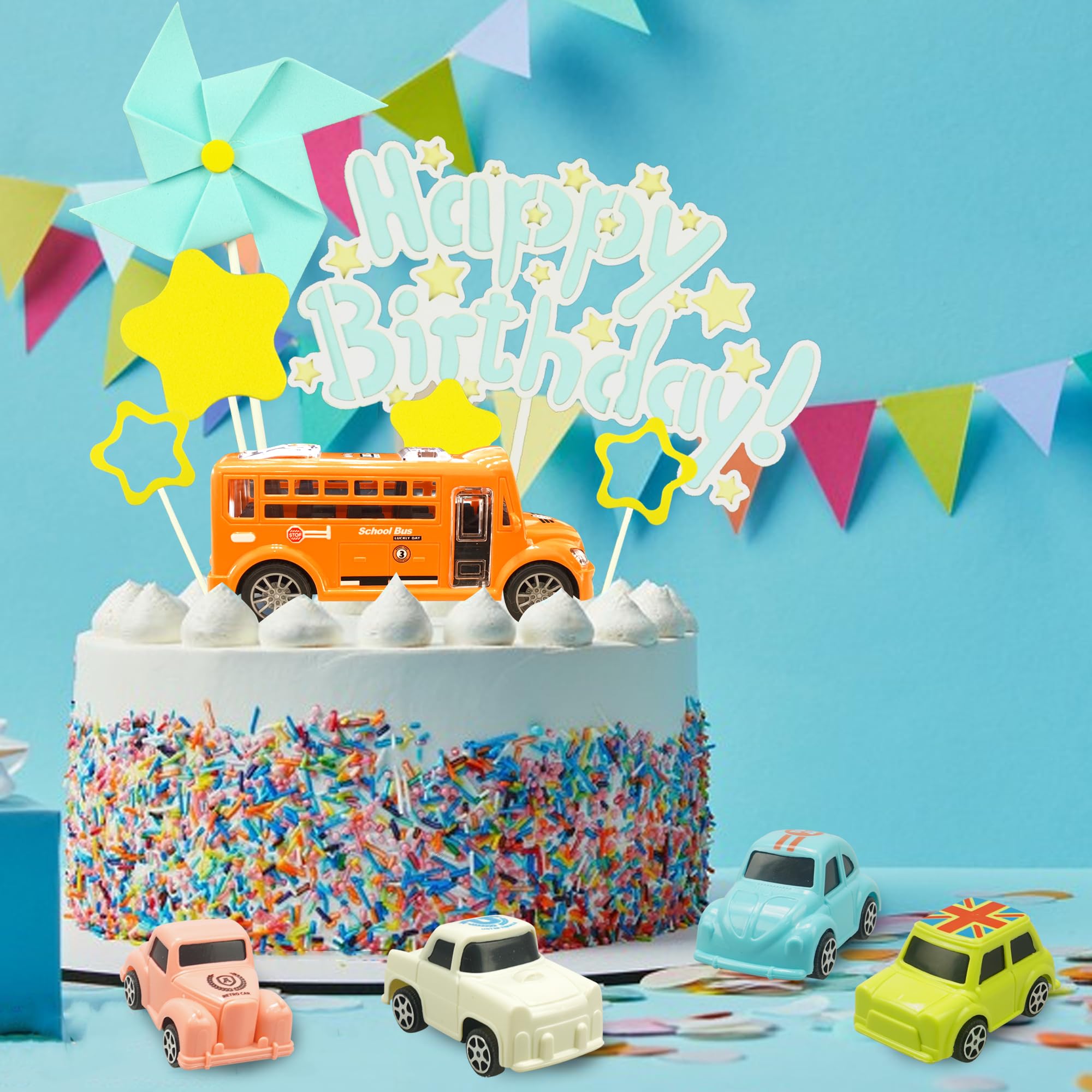 18pcs Car Cake Toppers - School Bus, Race Car & Windmill Vehicle Figures for Boys Birthday Party Decorations | Cute Car Theme Cake Decor for Kids Birthday, Baby Shower & School Celebrations