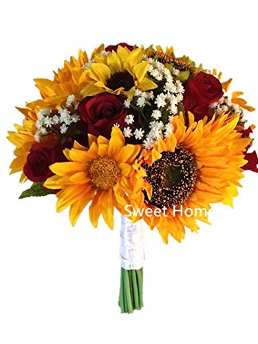 Silk Sunflower Rose Bouquet for Wedding & Bridesmaid - Yellow/Red 11