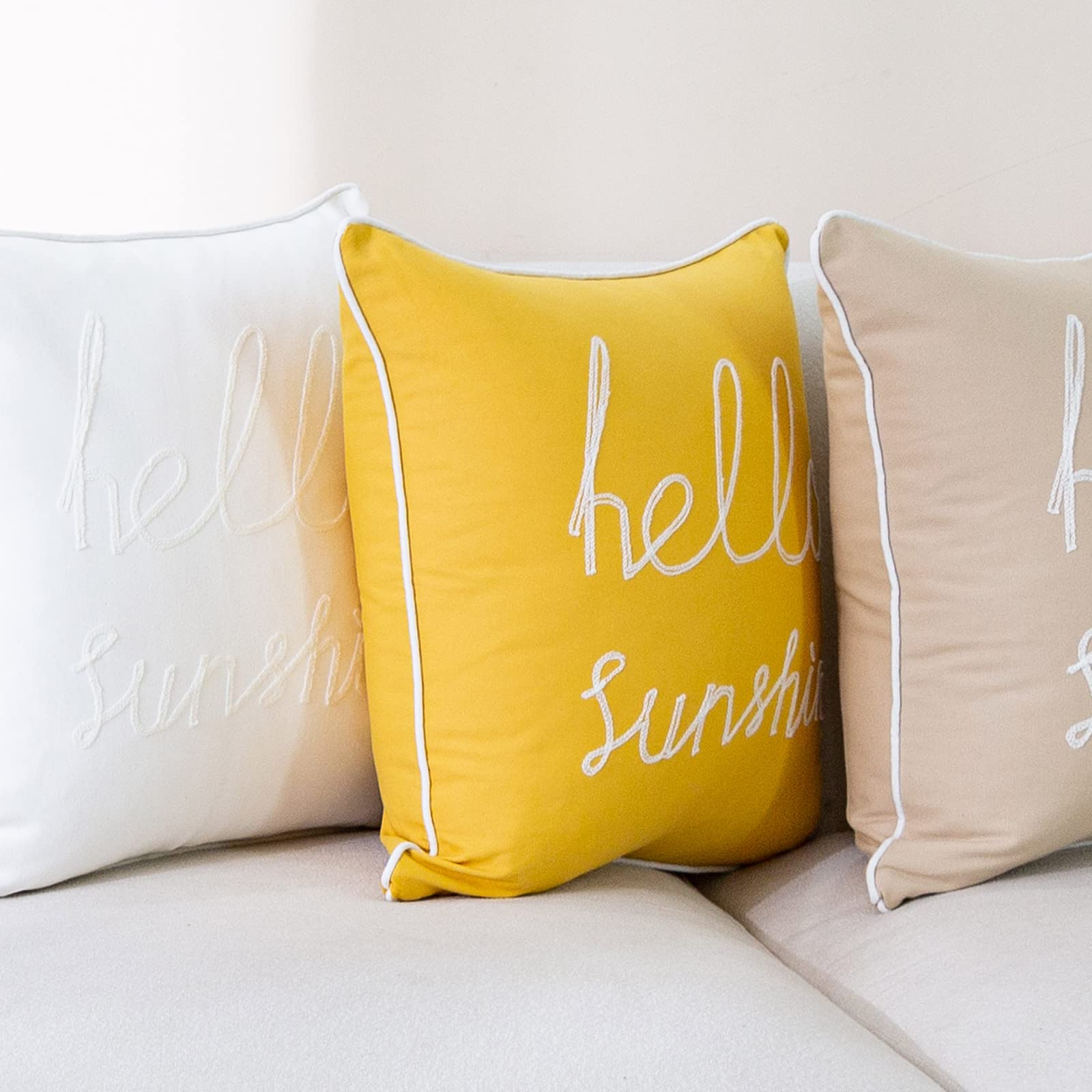 YIcabinet Set of 2 Soft Solid Decorative Square Throw Pillow Covers 18x18 Inch - Yellow Hello Sunshine Pattern for Sofa, Bedroom, Car & Outdoor Patio - Perfect for Home Decor, Living Room Accents and Cozy Comfort