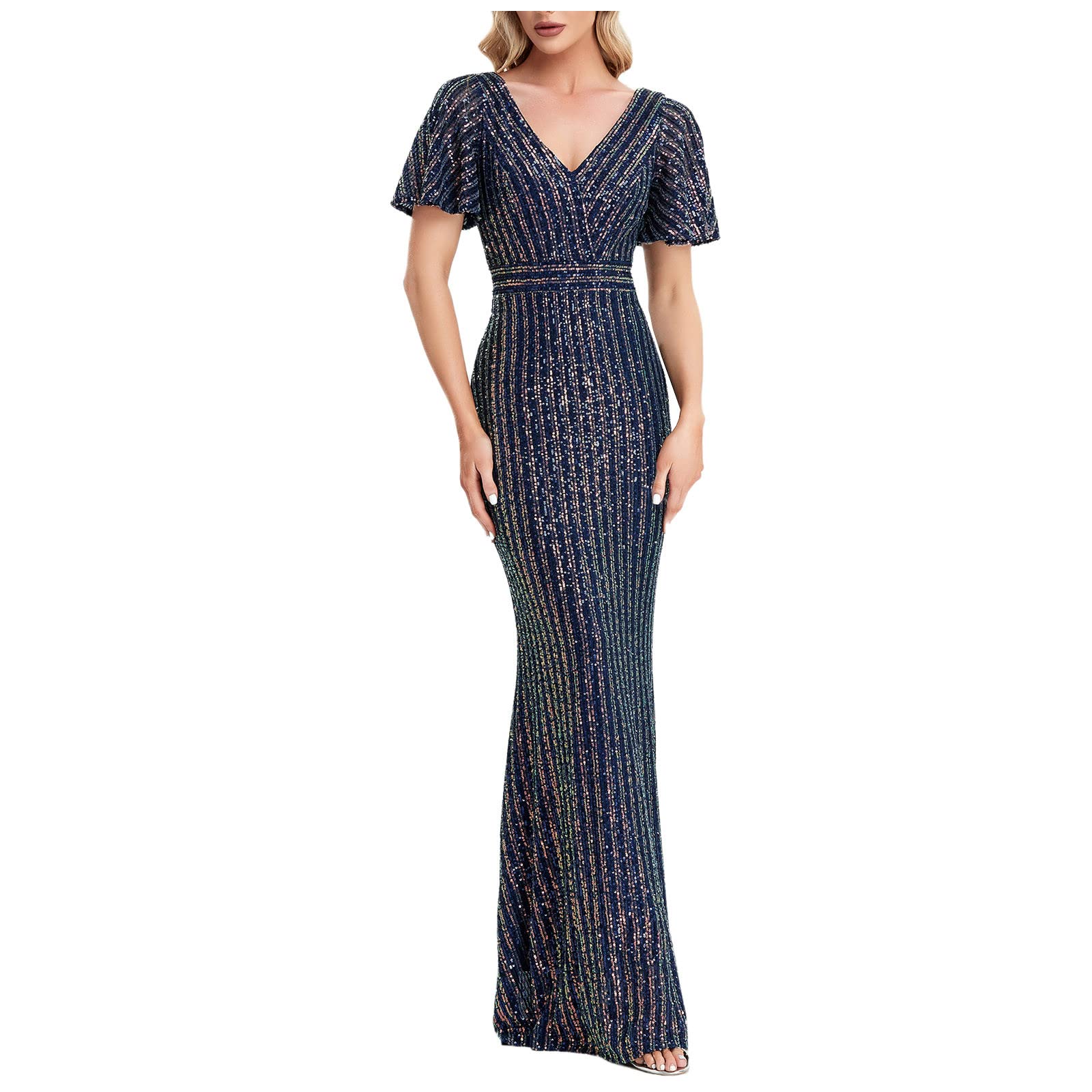 Elegant Sequin Evening Party Dress for Women - V Neck Short Sleeve Mermaid Gown for Wedding Guest, Formal Events & Special Occasions | Bodycon Maxi Dress for Night Out, Cocktail Party & Prom