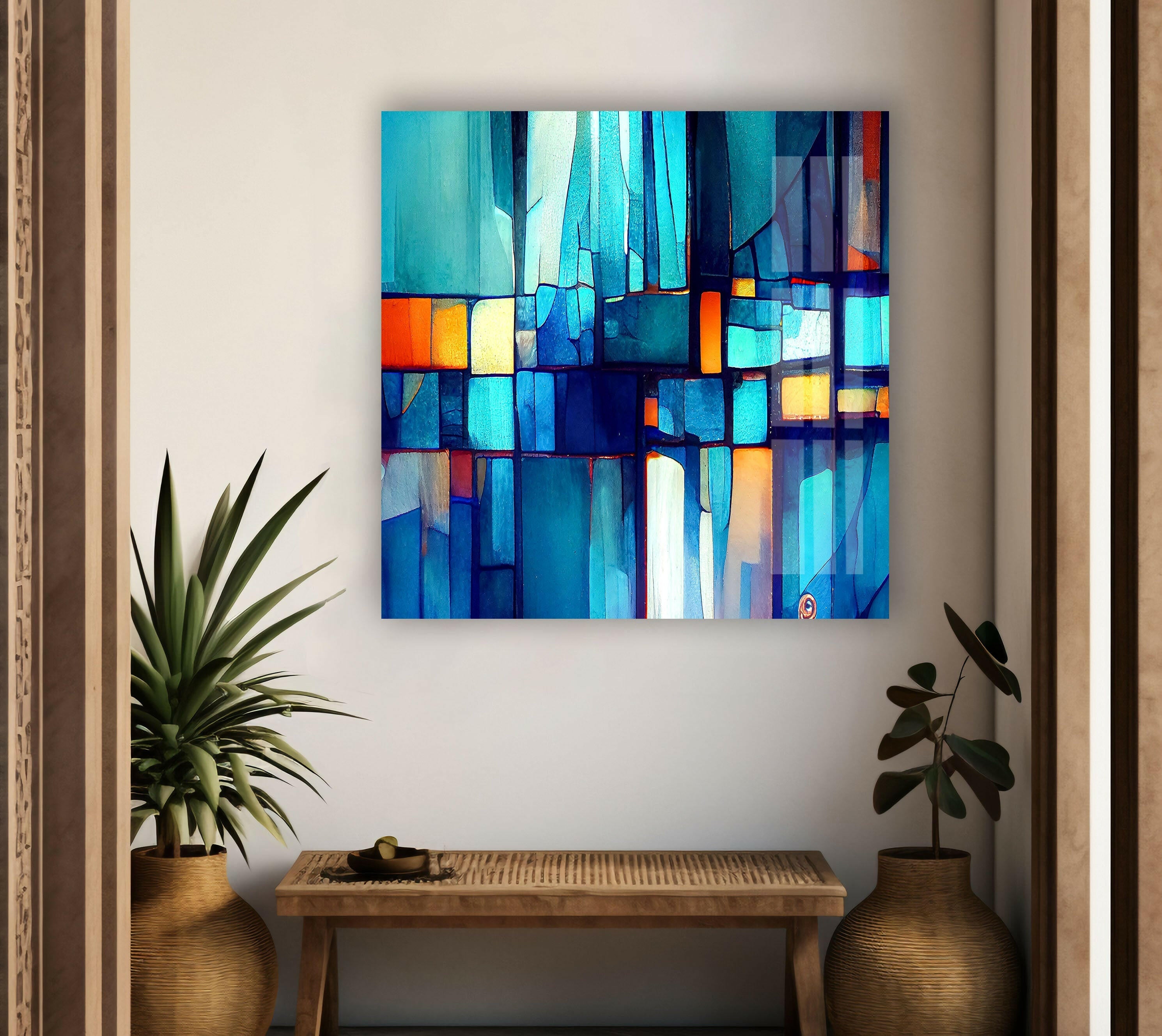 Blue Vibrant Stained Glass Wall Art - Handmade Decorative Panel for Home, Church & Office Decor - Perfect for Windows, Doors & Interior Design