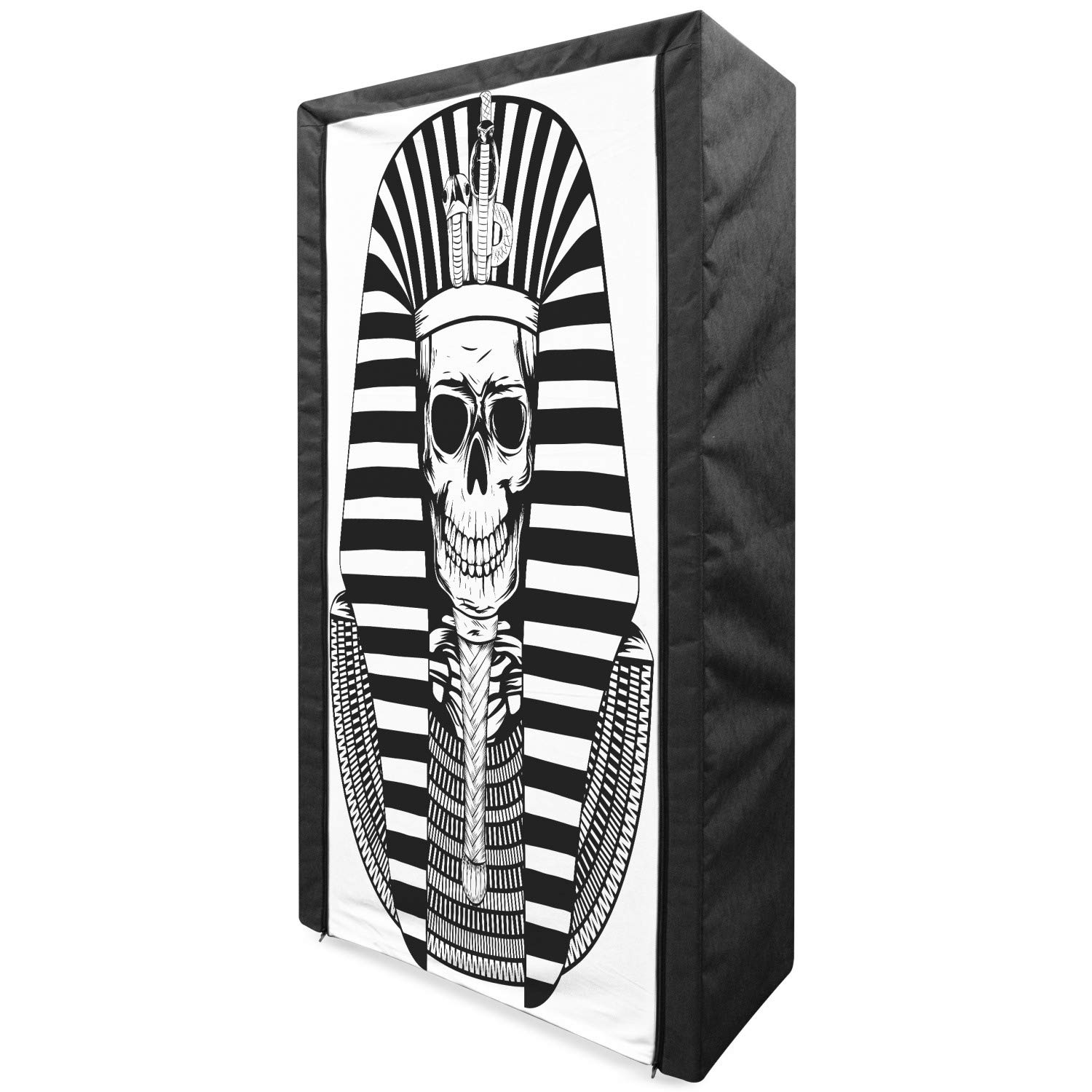 Ambesonne King Size Portable Fabric Wardrobe - Egyptian Pharaoh Mummy Skull Print Closet Organizer with Shelves (33.5 Inch, Black & White) | Perfect for Bedroom Storage, Guest Room Organization & Small Space Living