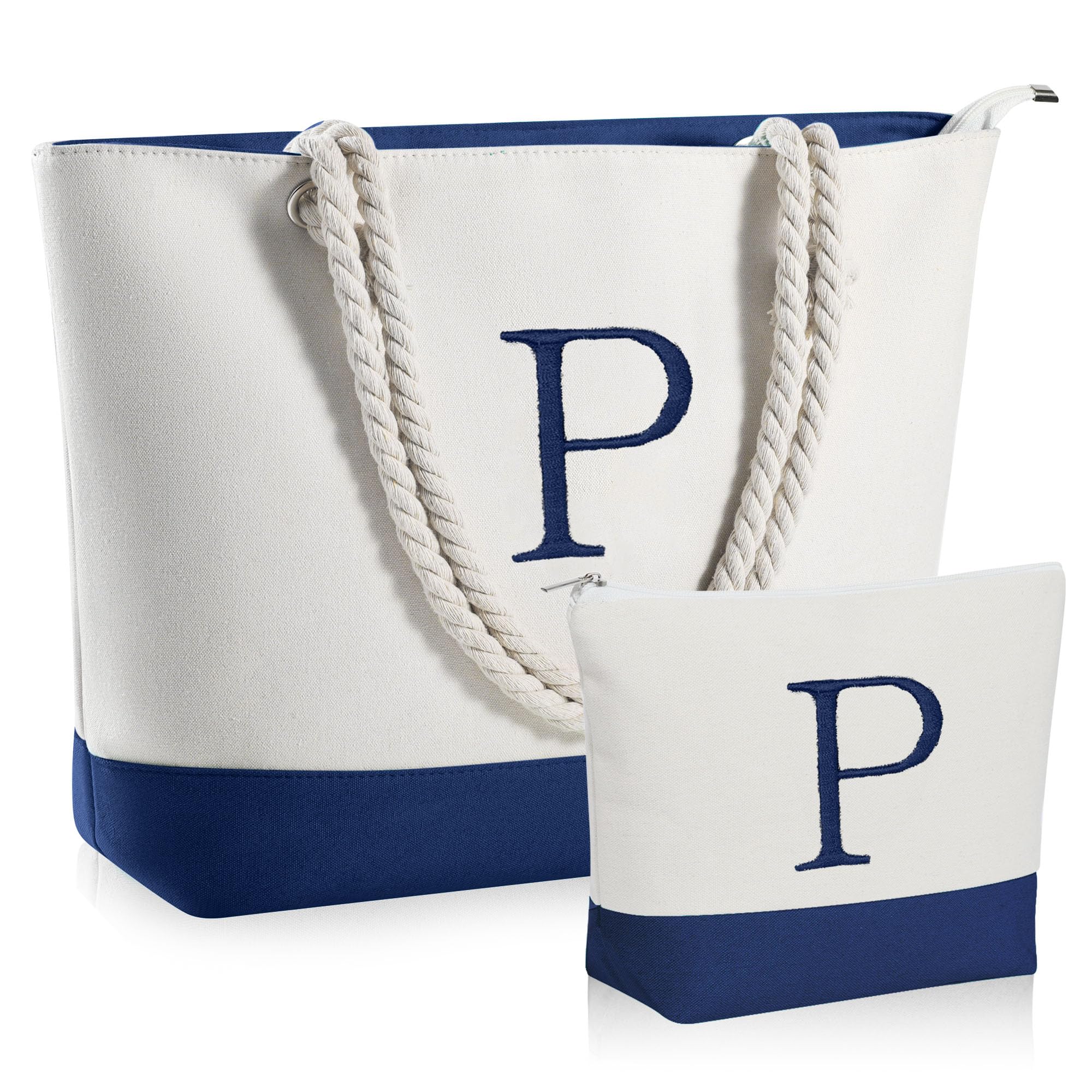 Personalized Initial Canvas Beach Tote Bag & Makeup Pouch Set - Custom Monogrammed Gifts for Women, Best Friend Birthday Present - Perfect for Beach Vacation, Travel & Daily Use