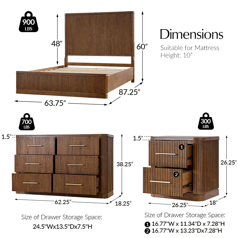 Modern Fluted Solid Wood Bedroom Set with Oak Texture - 4 Piece Bed Frame, Nightstand, Dresser & Mirror for Cozy Master Bedroom Decor