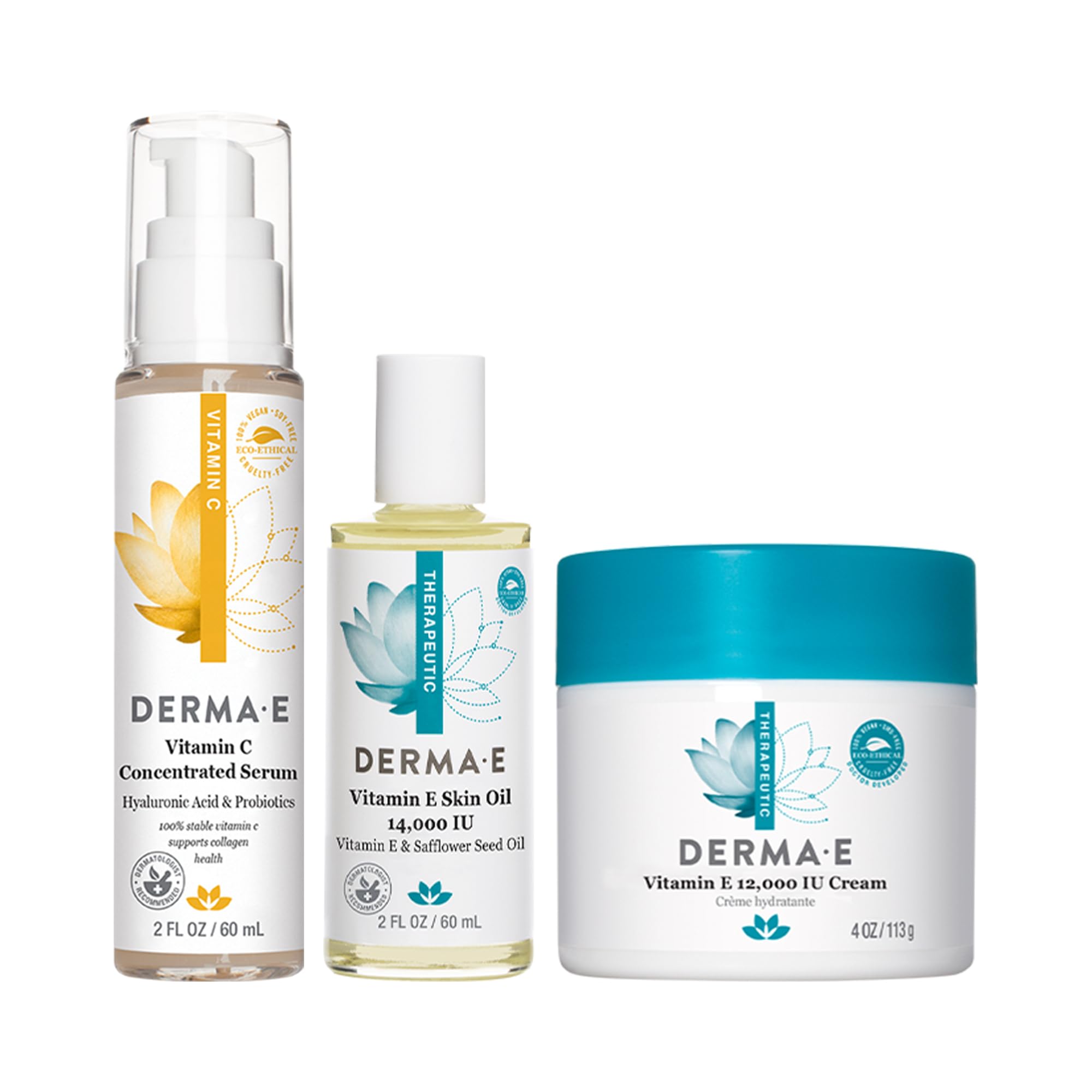 **Derma E Vitamin C Serum with Hyaluronic Acid & Vitamin E – Brightening & Hydrating Face Serum (2oz) + Vitamin E Cream (12,000 IU, 4oz) + Vitamin E Face Oil (14,000 IU, 2oz) – Anti-Aging Skincare Set for Glowing Skin – Perfect for Daily Moisturizing & Night Routine**