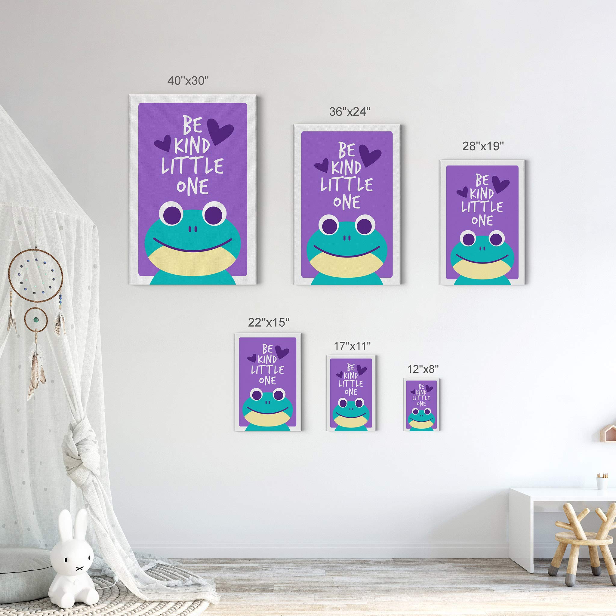 Frog Be Kind Little One Quote Wall Art - Purple Background Canvas Print 12x8 | Nursery Decor, Kids Room Decor, Baby Room Wall Art | Ready to Hang, Made in USA | Perfect for Nursery, Bedroom & Playroom Decorations
