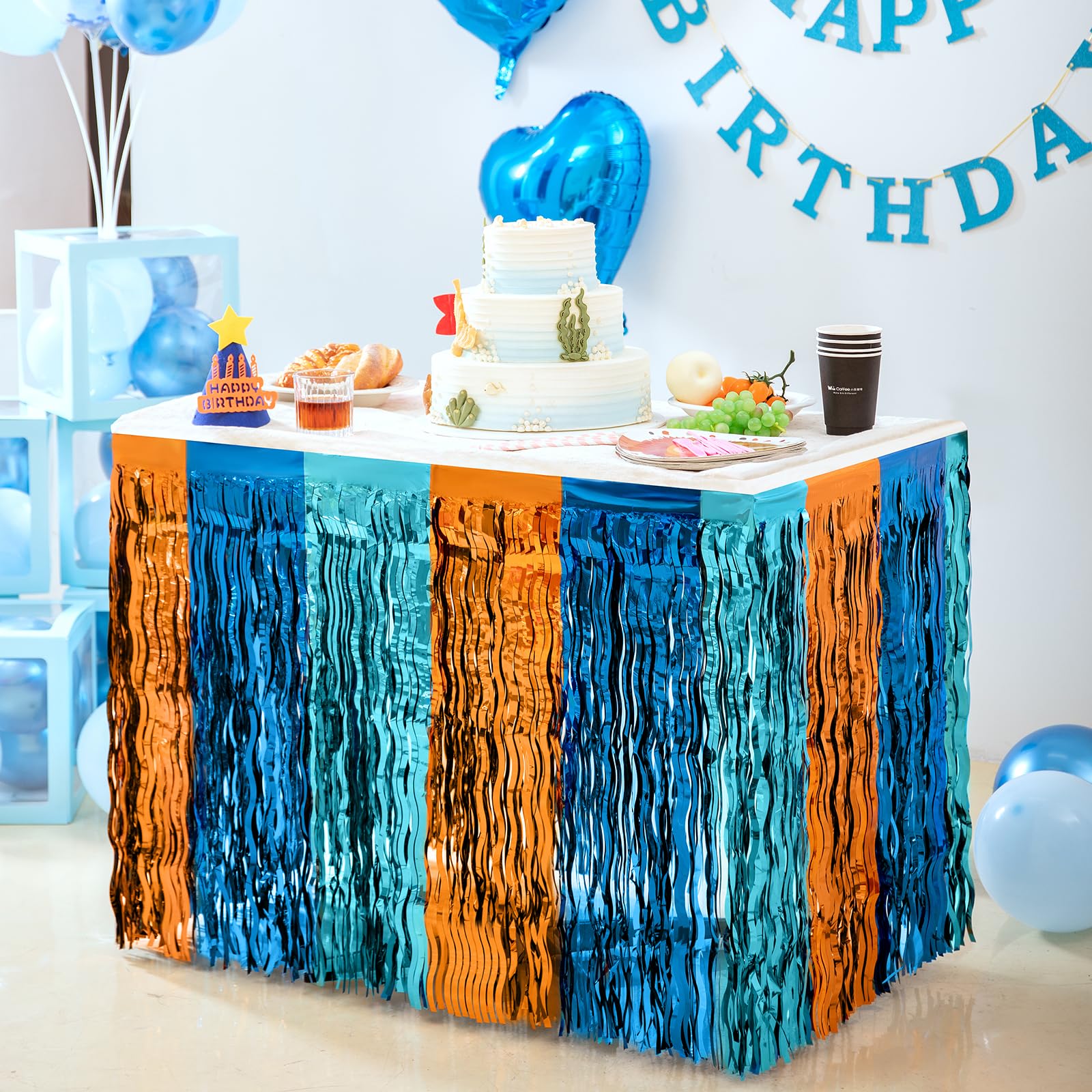 Blue Dog Birthday Party Decorations - 6ft/8ft Wavy Blue & Orange Metallic Tinsel Foil Fringe Table Skirt for Square/Round Tables (2 Pack, 29x108 Inches) | Perfect for Blue Dog Themed Parties, Baby Showers & Pet Celebrations