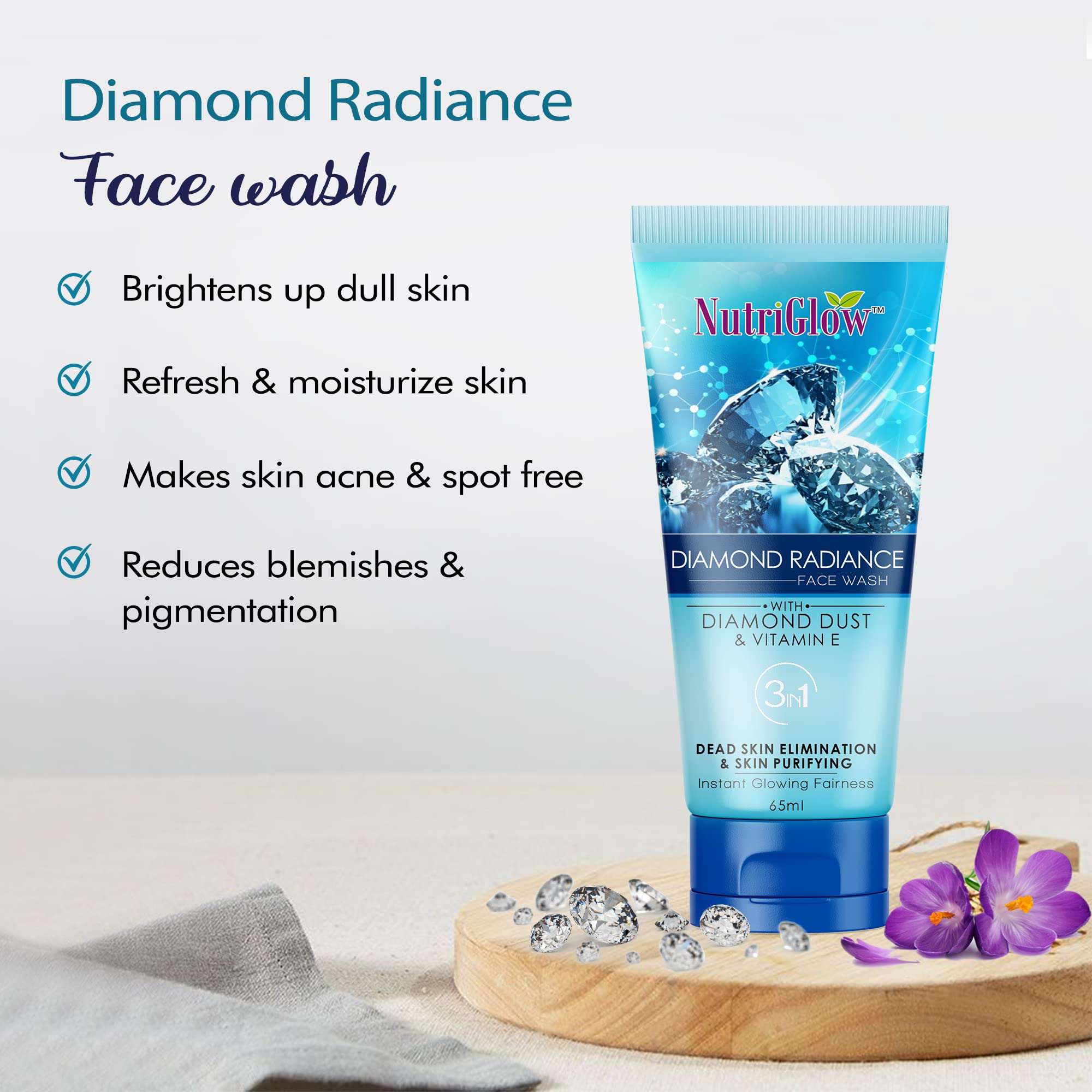 NutriGlow Diamond Radiance Face Wash with Diamond Dust - Brightens Dull Skin, Reduces Spots & Instantly Glows - 65ml (Pack of 4) | Perfect for Daily Skincare Routine & Achieving Radiant Complexion