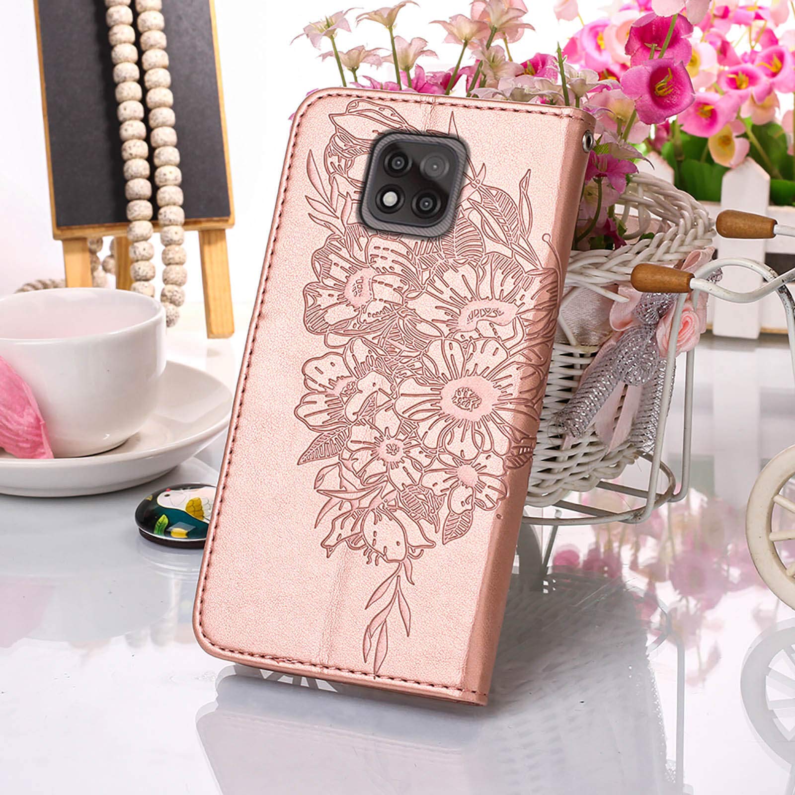 Premium Leather Wallet Phone Case for Moto G Power 2021 - Floral Embossed Butterfly Design with Wrist Strap, Card Holder & Kickstand (Rose Gold) | Protective Flip Cover for Everyday Use & Travel