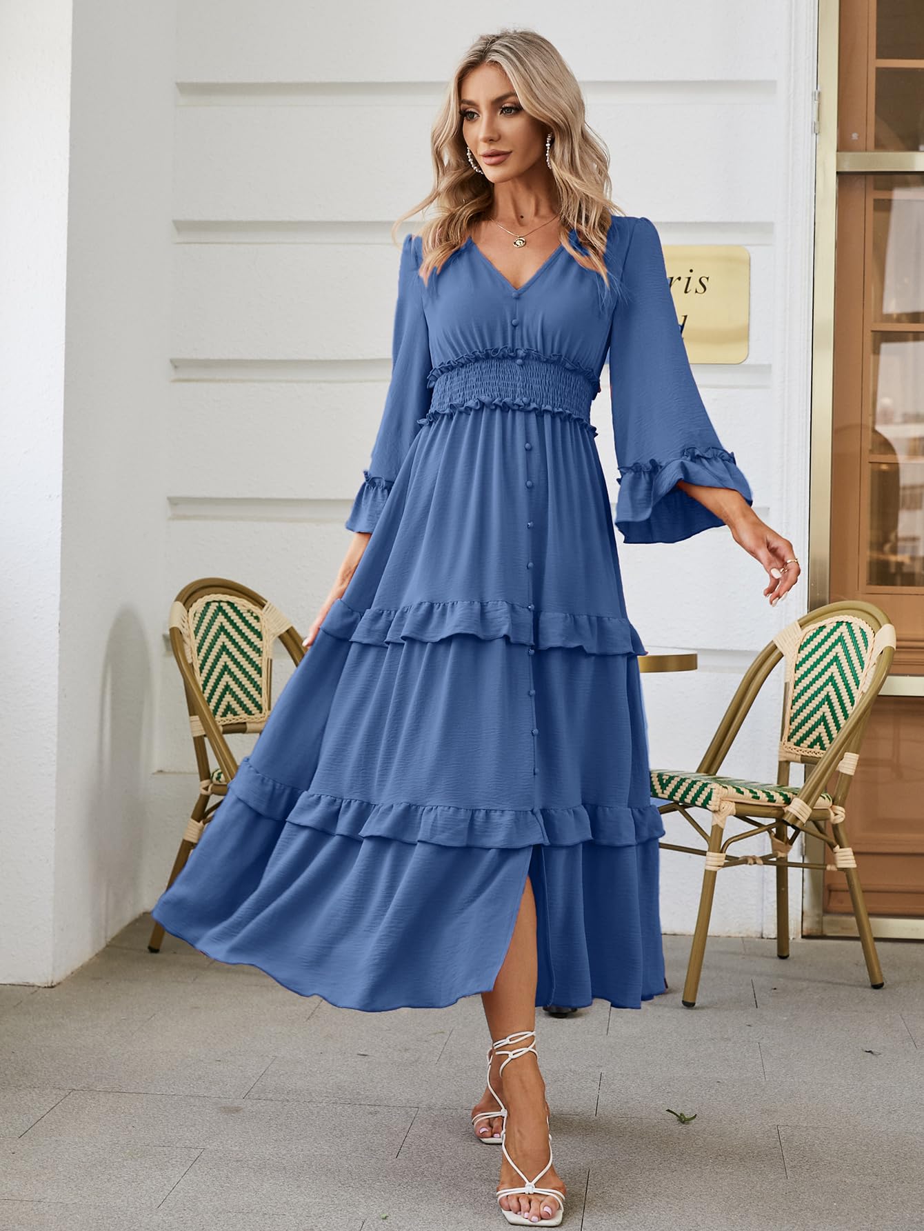 Amegoya Women's V-Neck Long Sleeve Bohemian Maxi Dress - Flowy Wedding Guest Dress for Summer, Engagement, Beach Party & Special Occasions