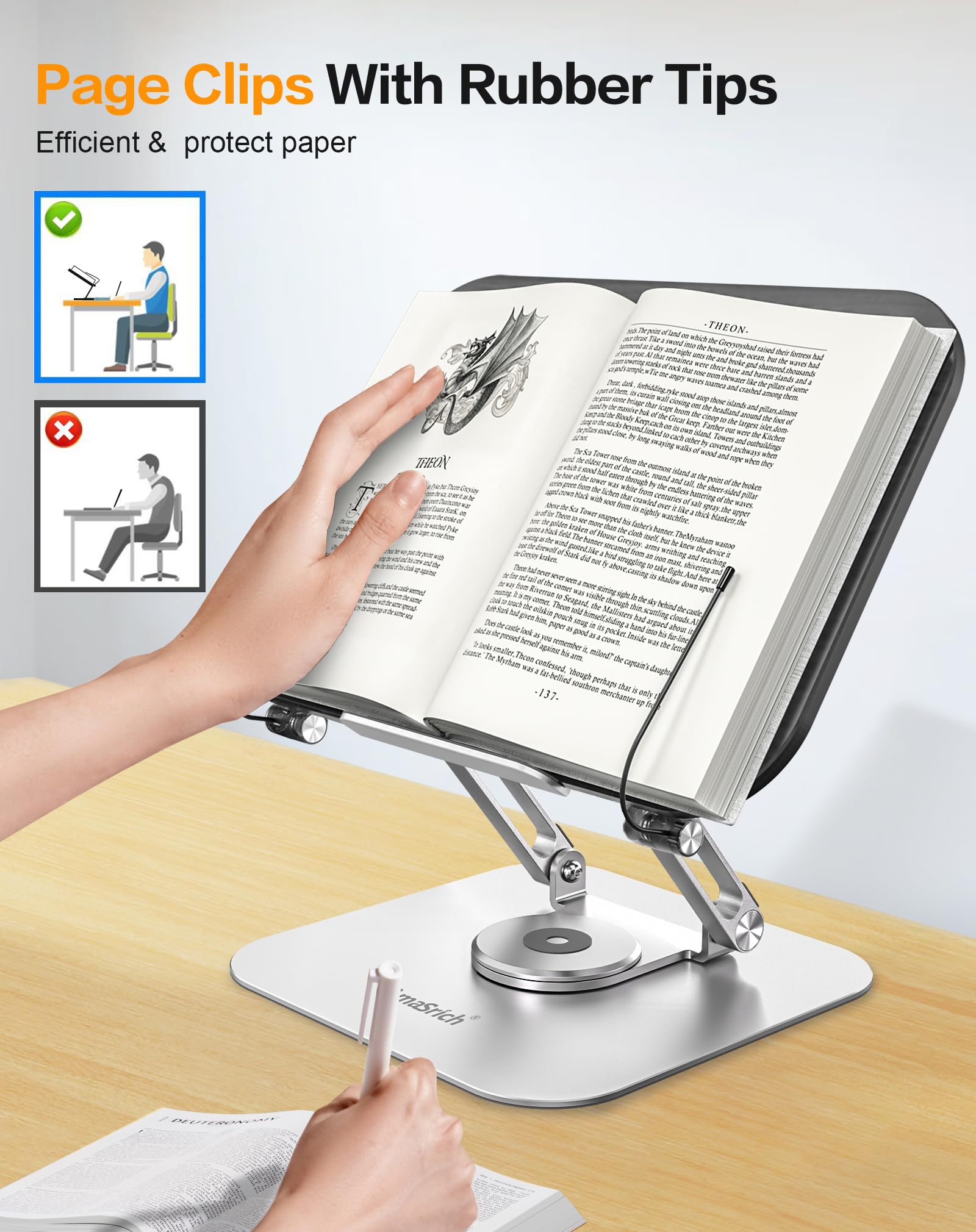 Adjustable Book Holder Stand for Reading - 360° Rotating Hands-Free Cookbook & Document Stand with Page Clips - Foldable Desktop Book Stand for Kids, Computer, Textbook - Perfect for Studying, Cooking & Office Work