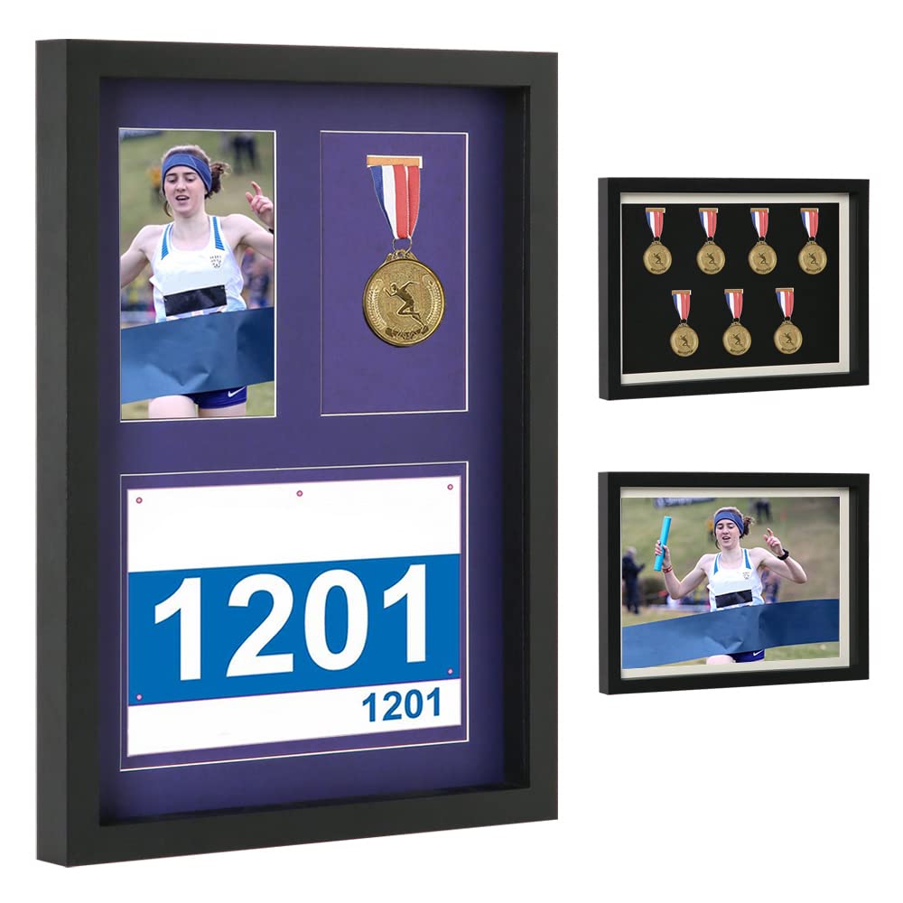 Premium Shadow Box Display Case for Medals, Race Bibs & Photos - 7-Medal Hanging Wall Frame for Marathon Runners, Triathletes, Military Awards & Sports Achievements - Perfect for Home, Office or Trophy Room Decor (Black, A3 Size)