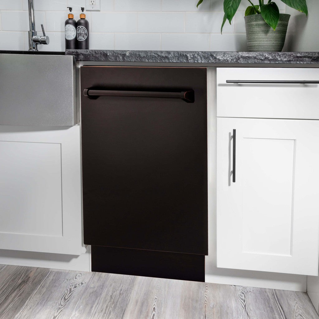 ZLINE 18 Inch Built-In Dishwasher with 3rd Rack - Oil Rubbed Bronze Finish, Stainless Steel Tub, 51dBa Quiet Operation - Perfect for Modern Kitchens, Small Spaces & Open Floor Plans (DWV ORB 18)